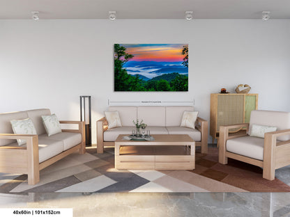 a living room filled with furniture and a painting on the wall