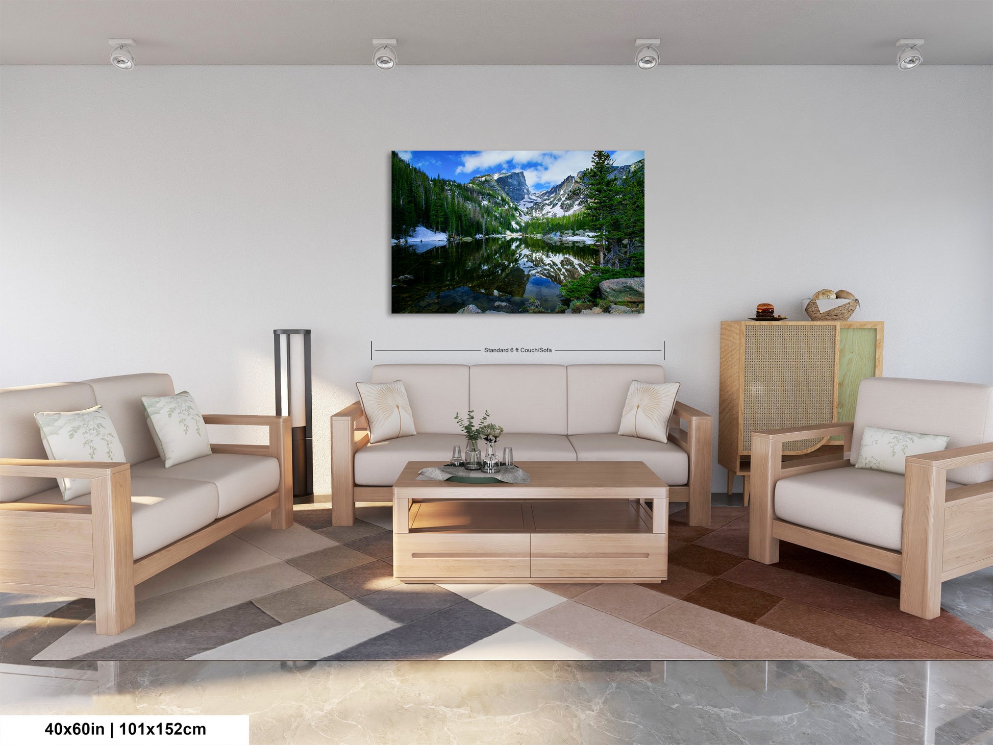 a living room filled with furniture and a painting on the wall