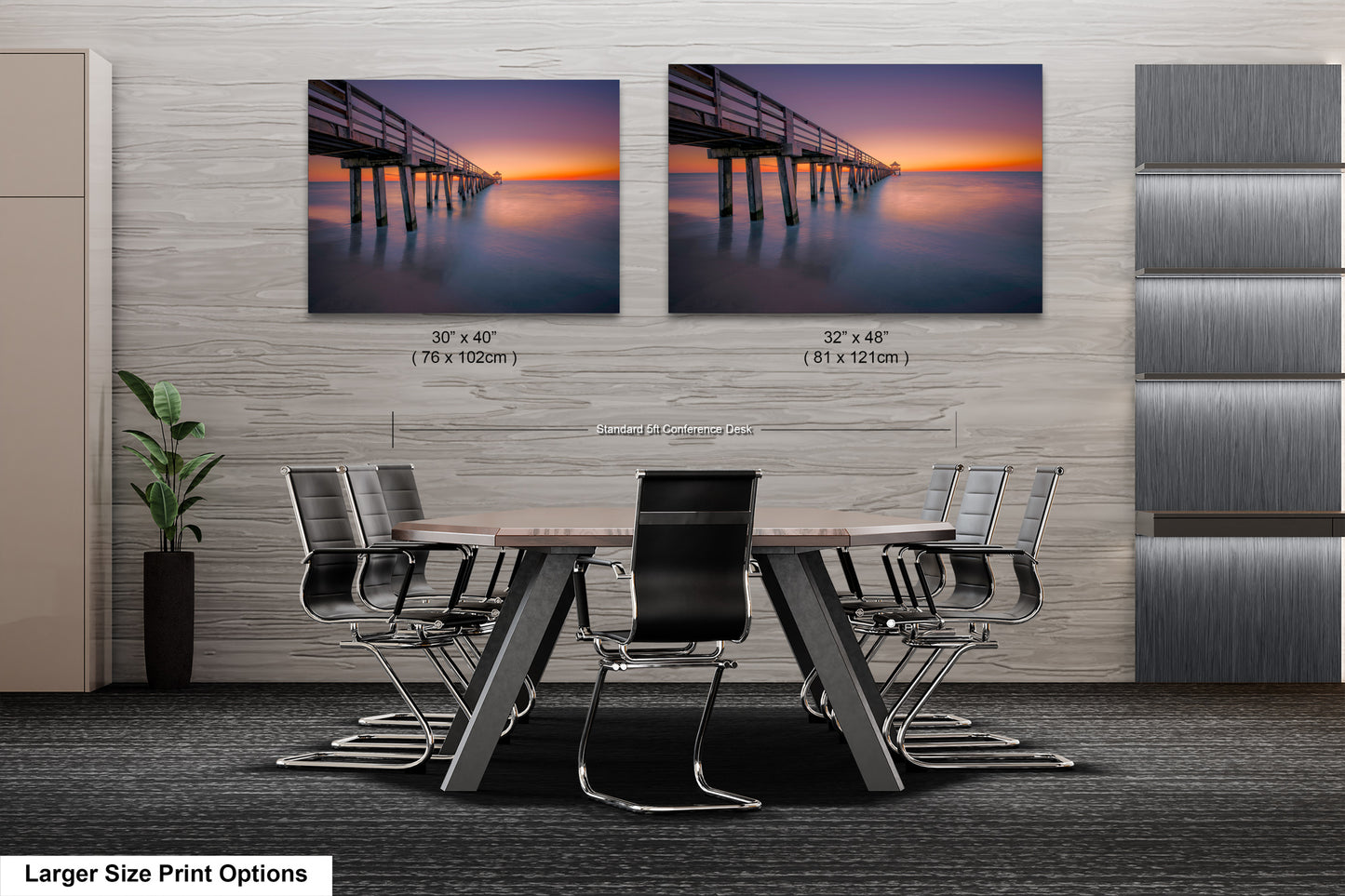 a dining room table with chairs and two pictures of a pier