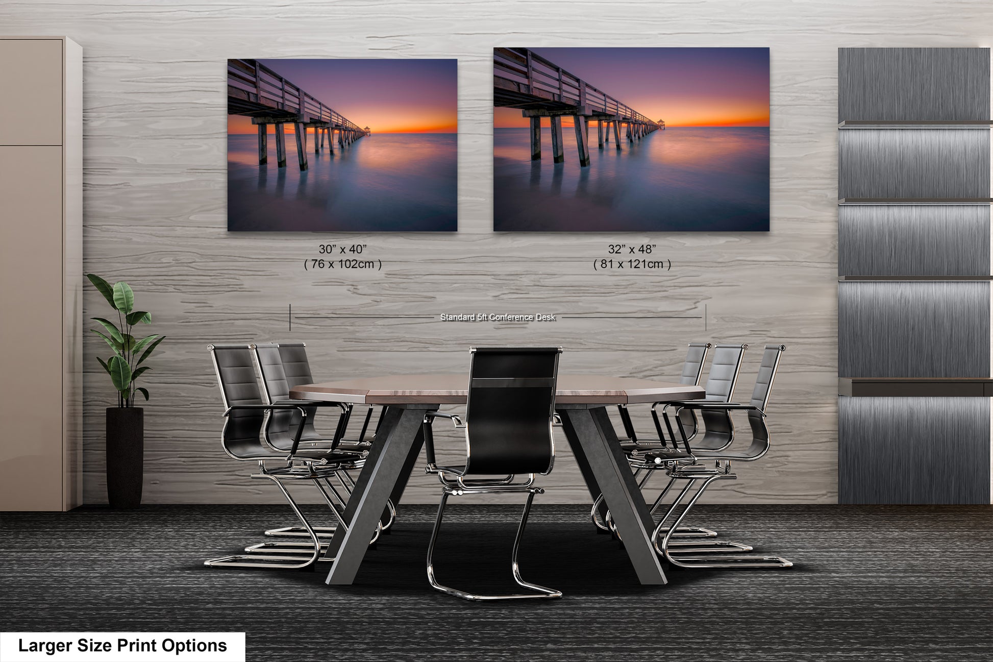 a dining room table with chairs and two pictures of a pier