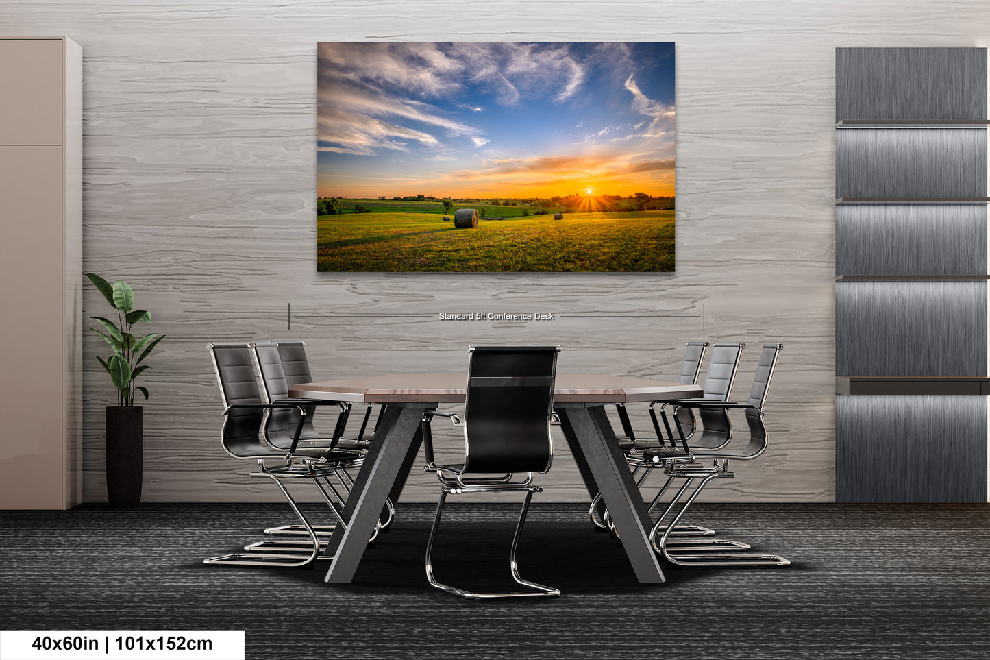 a dining room table with chairs and a painting on the wall