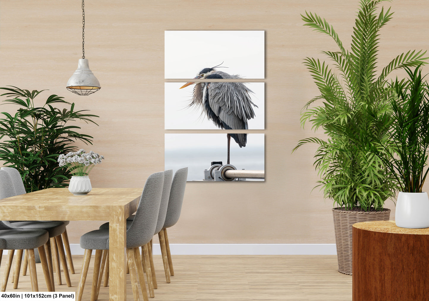 a room with a table, chairs, plants and pictures on the wall