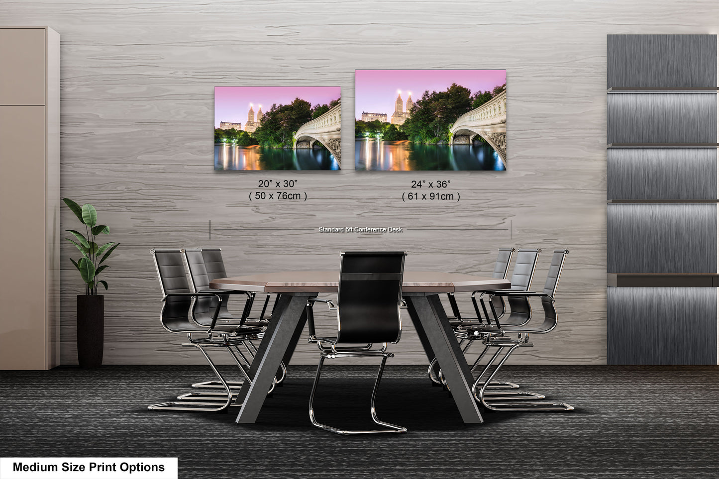 a dining room table with chairs next to a wall with a picture of a bridge
