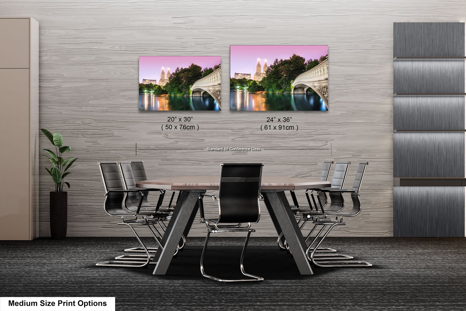 a dining room table with chairs next to a wall with a picture of a bridge