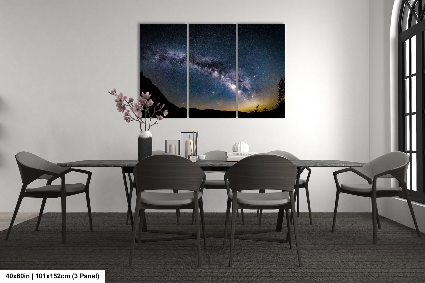 a dining room with a table and chairs