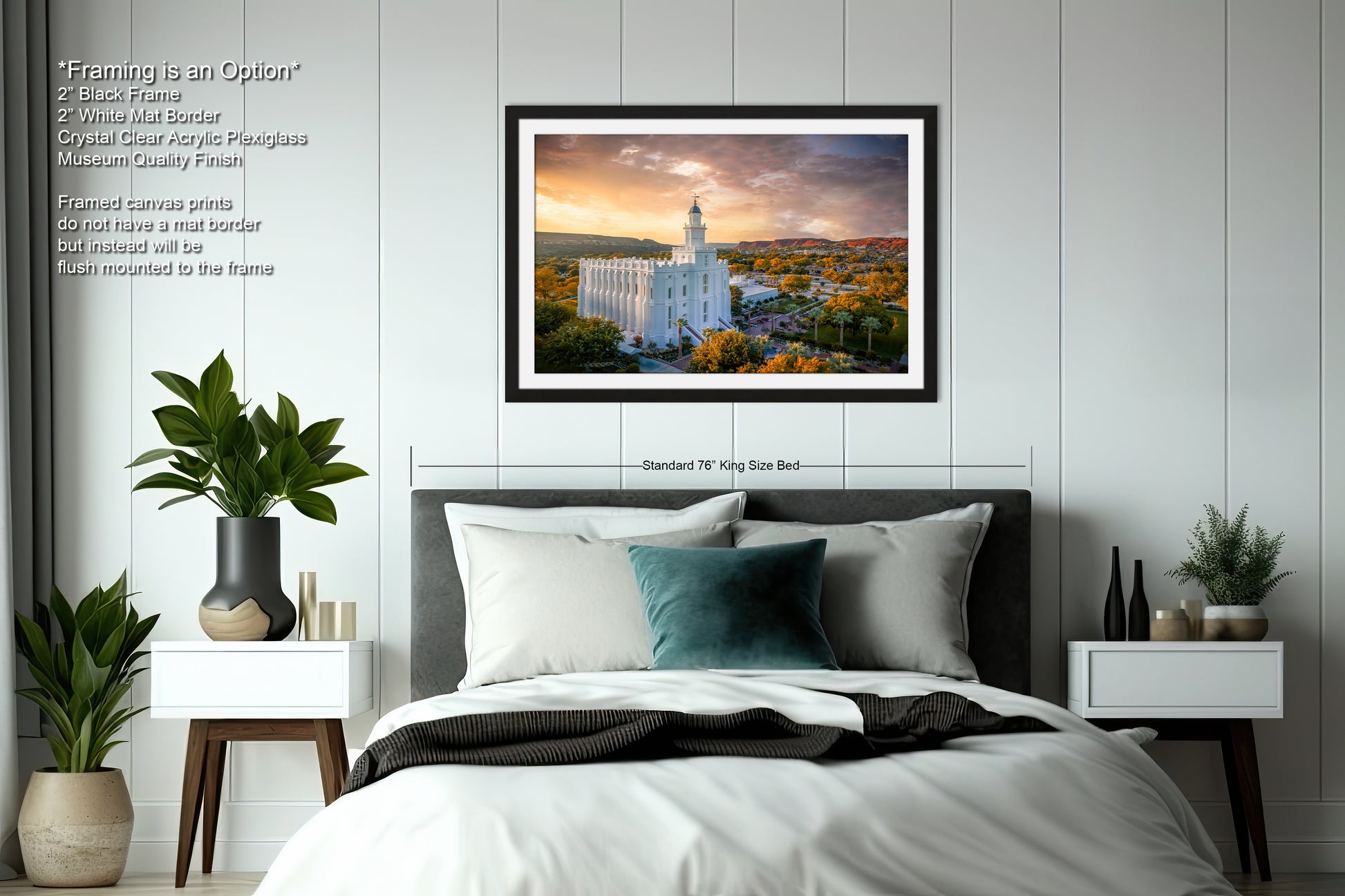 a bedroom with a large bed and a picture on the wall
