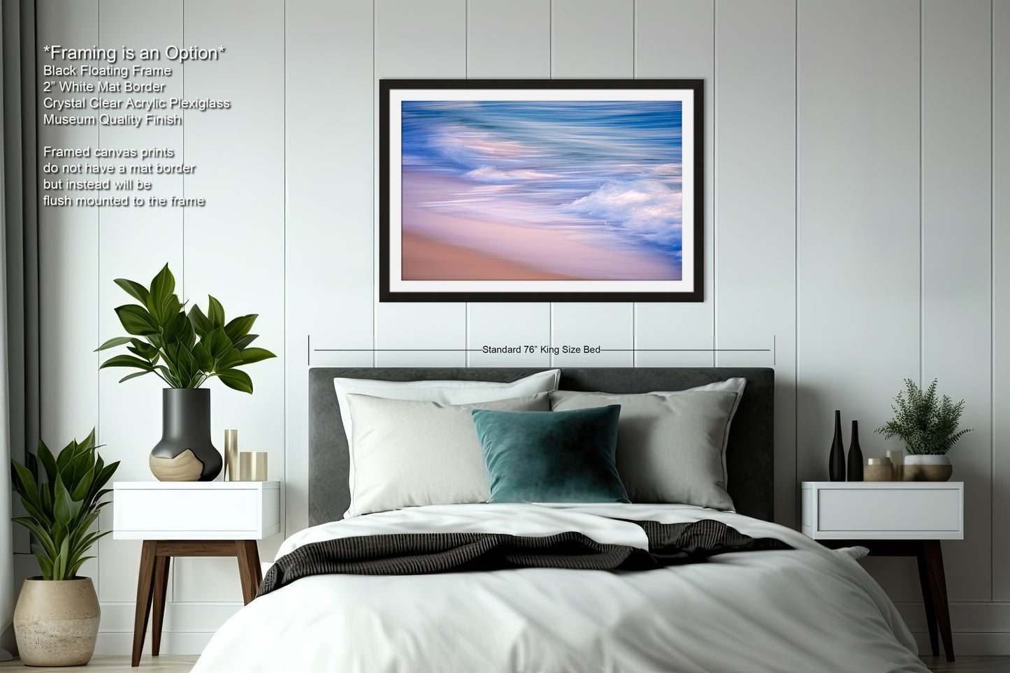 a bedroom with a bed and a picture hanging on the wall