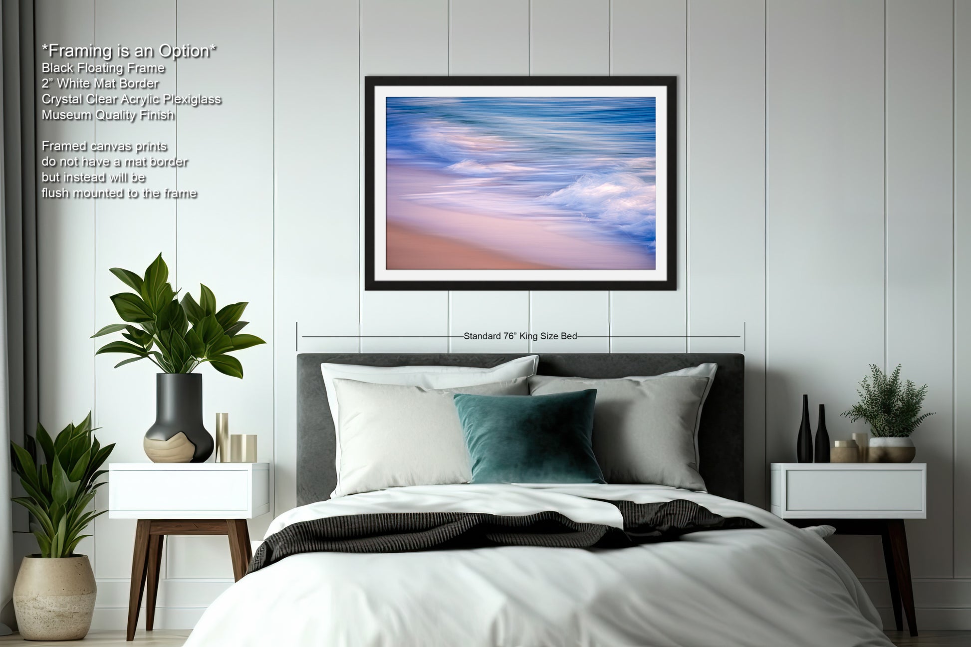 a bedroom with a bed and a picture hanging on the wall
