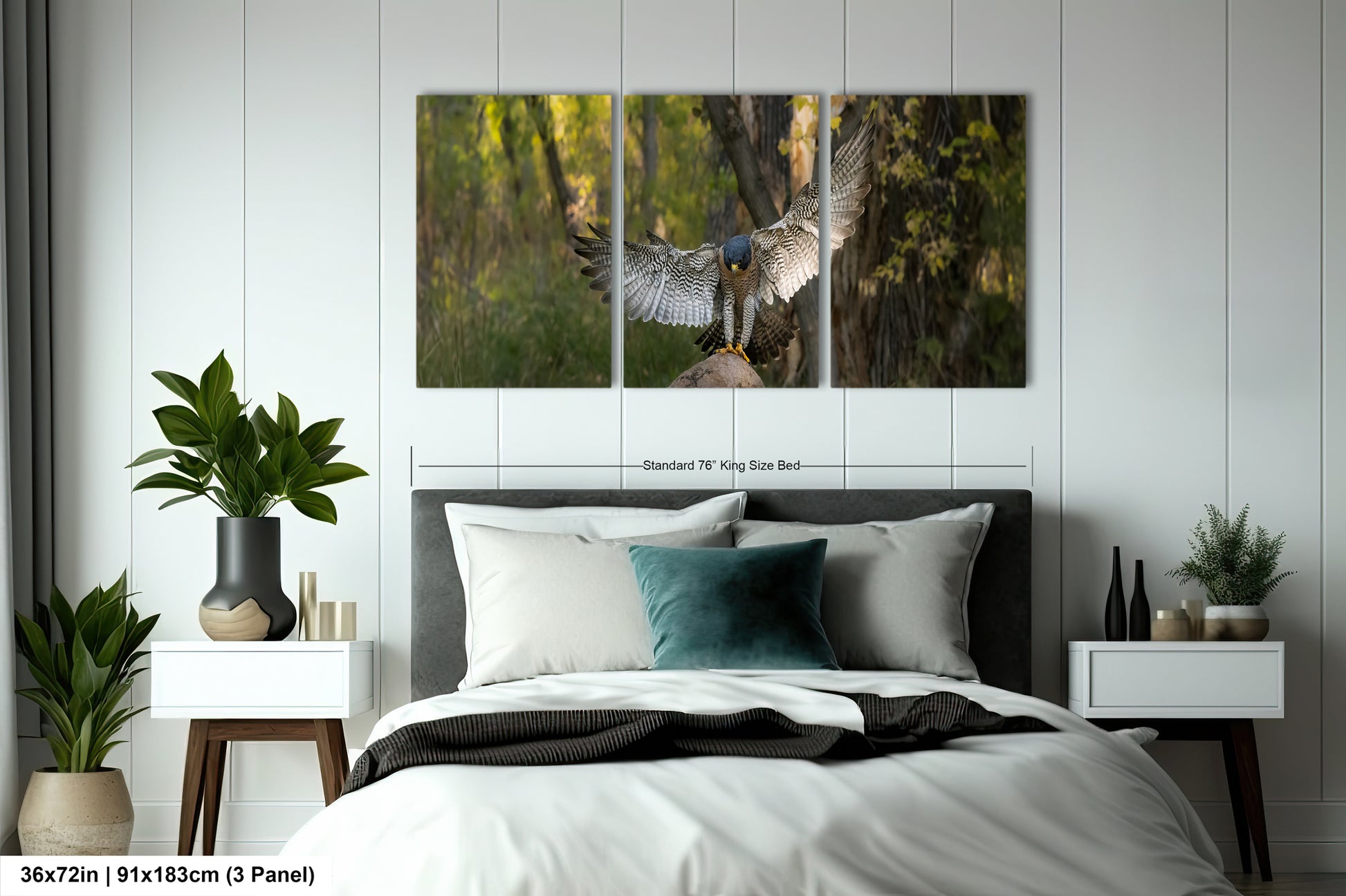A bedroom with a large bed, nightstands, and a potted plant. Above the bed is a large canvas print depicting a bird in flight.