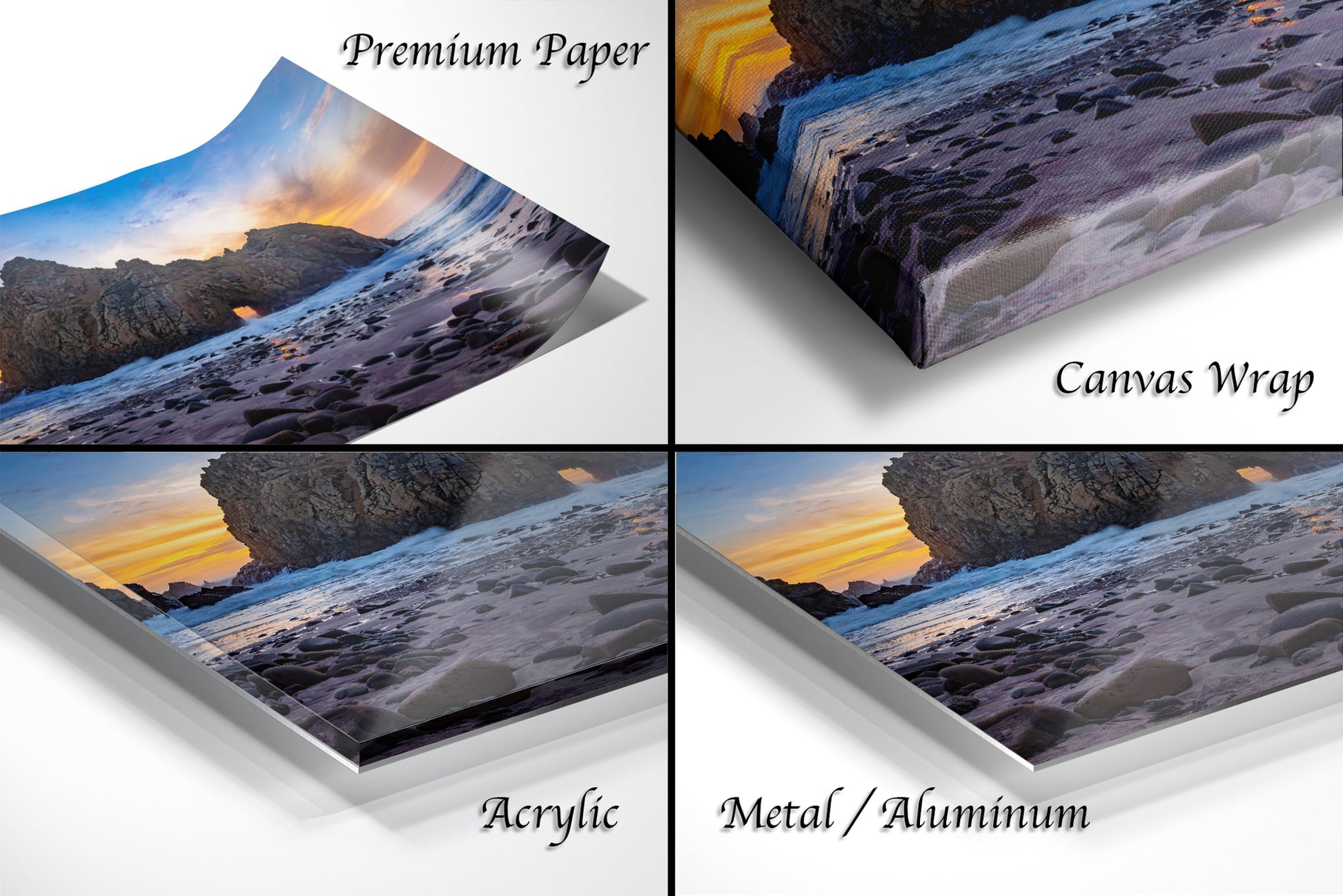 a series of four photos of a beach at sunset