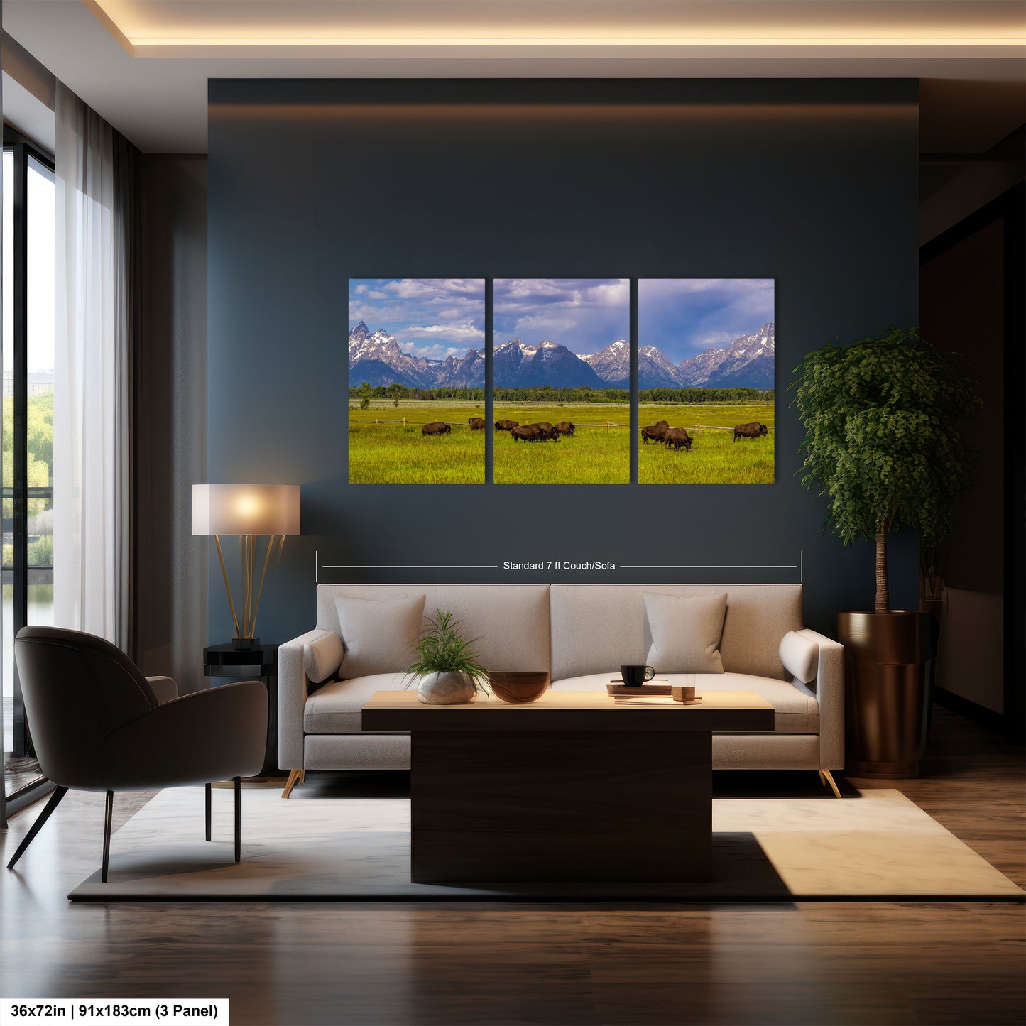 a living room filled with furniture and a painting on the wall