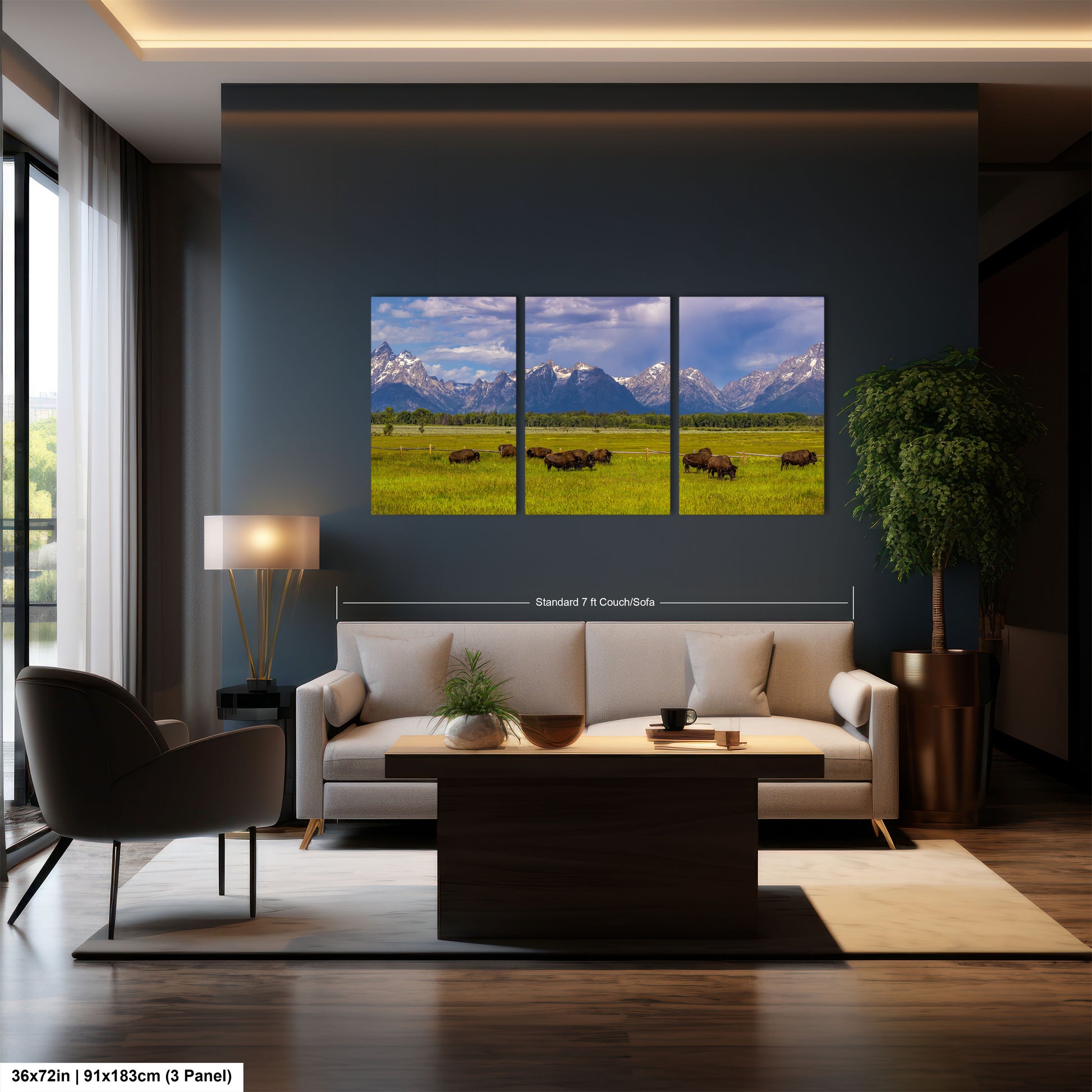 a living room filled with furniture and a painting on the wall