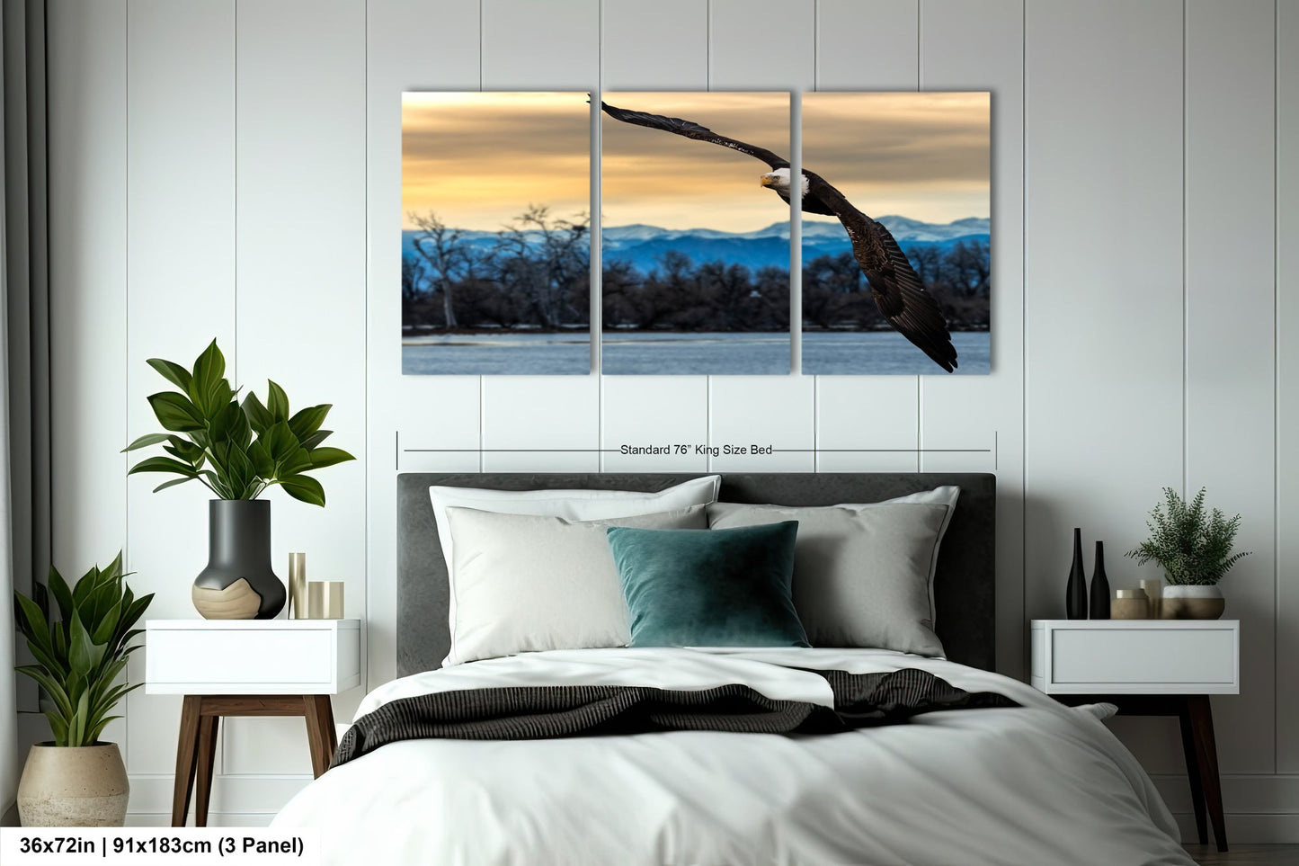 a large bird flying over a bed in a bedroom