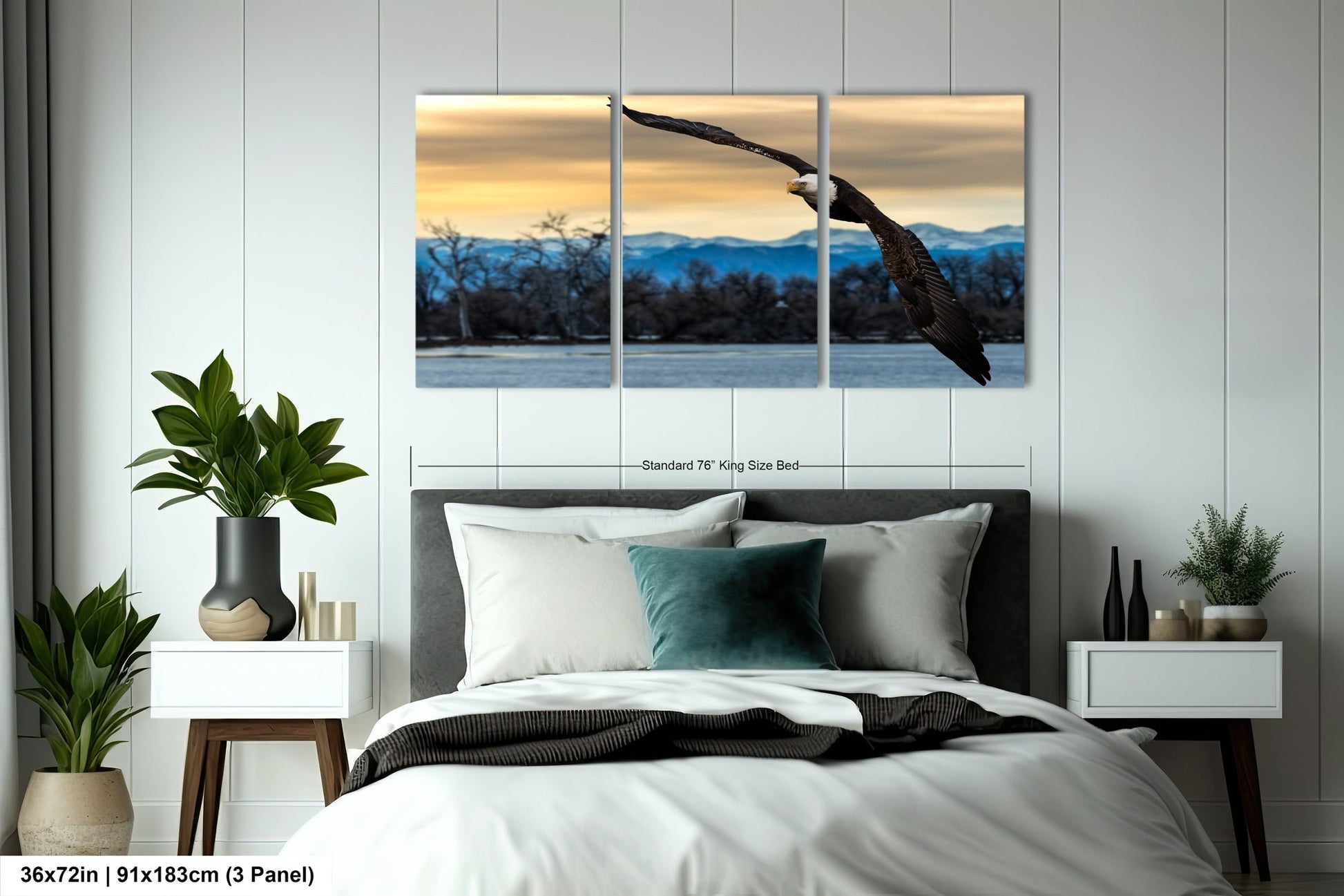 a large bird flying over a bed in a bedroom