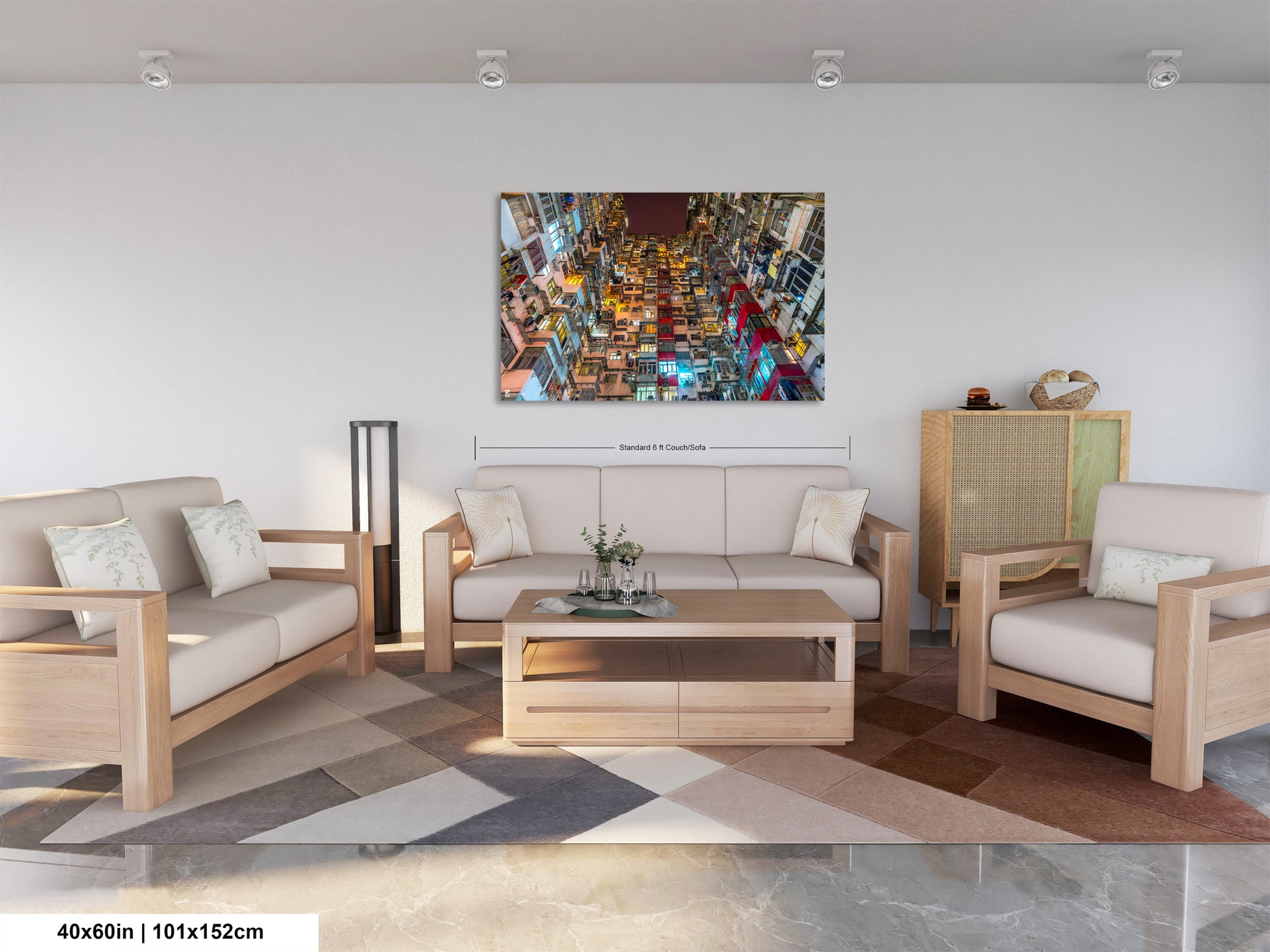a living room filled with furniture and a painting on the wall