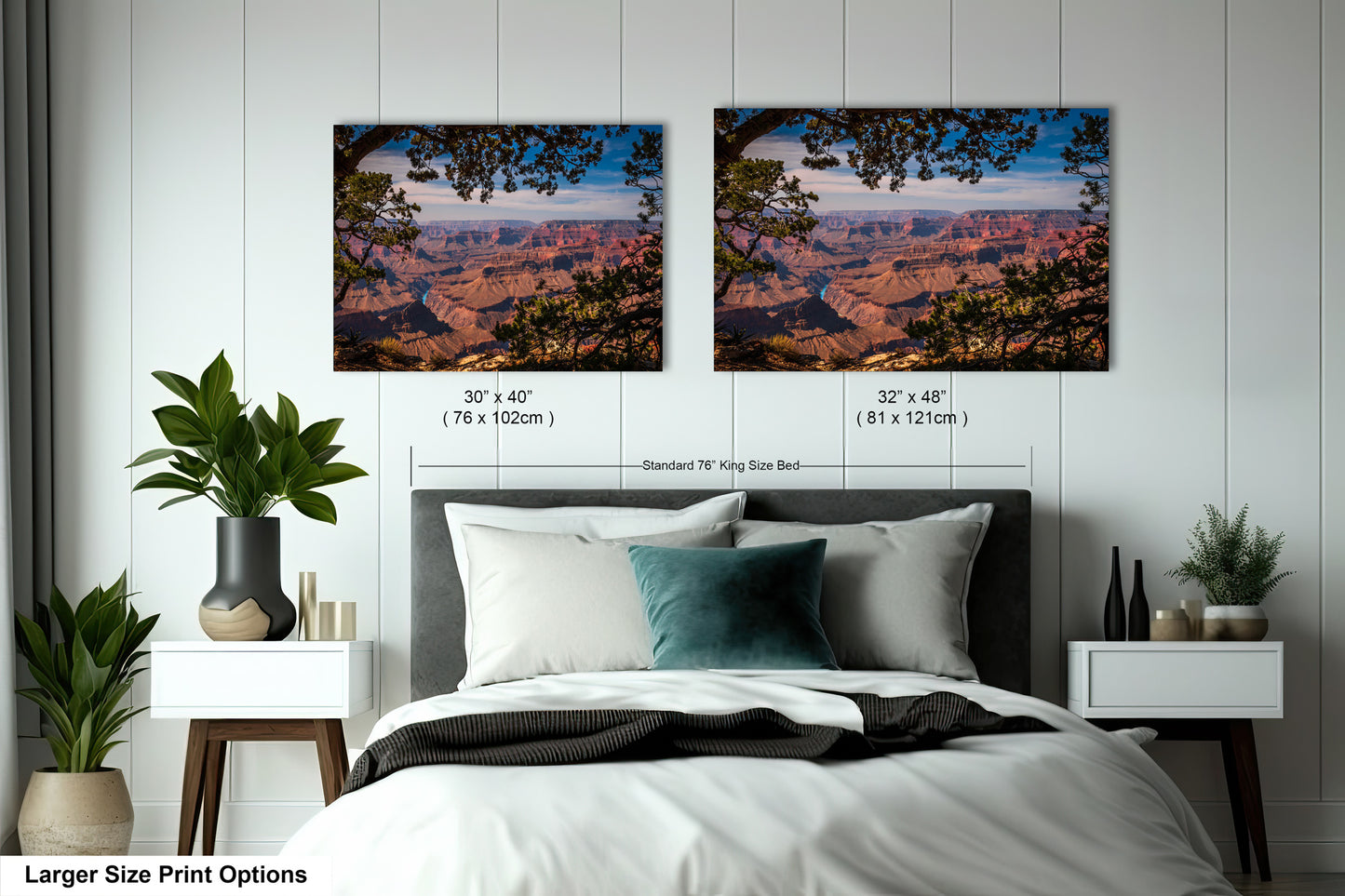 a bedroom with a bed and two pictures on the wall