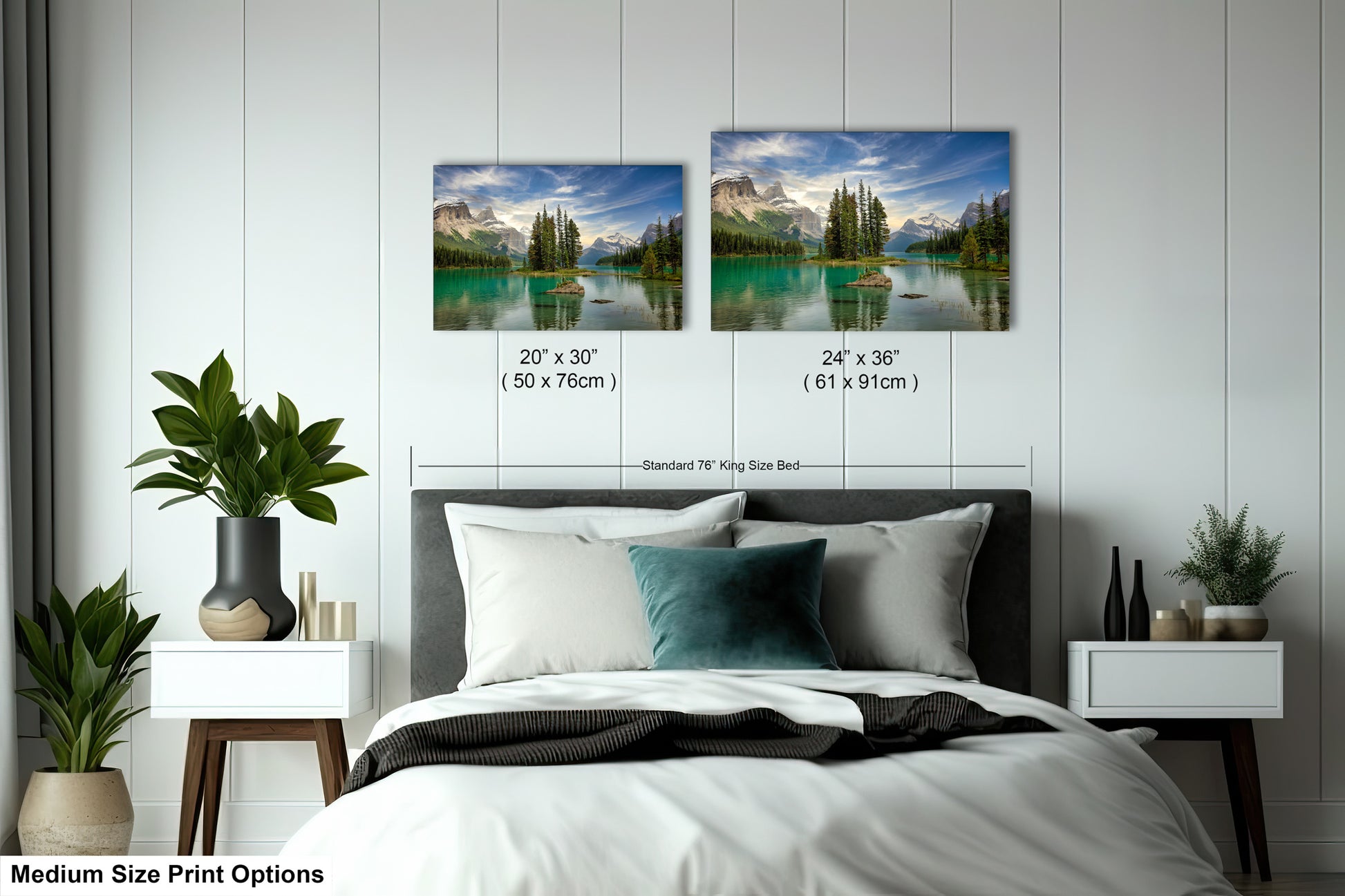a bed room with a neatly made bed and two pictures on the wall