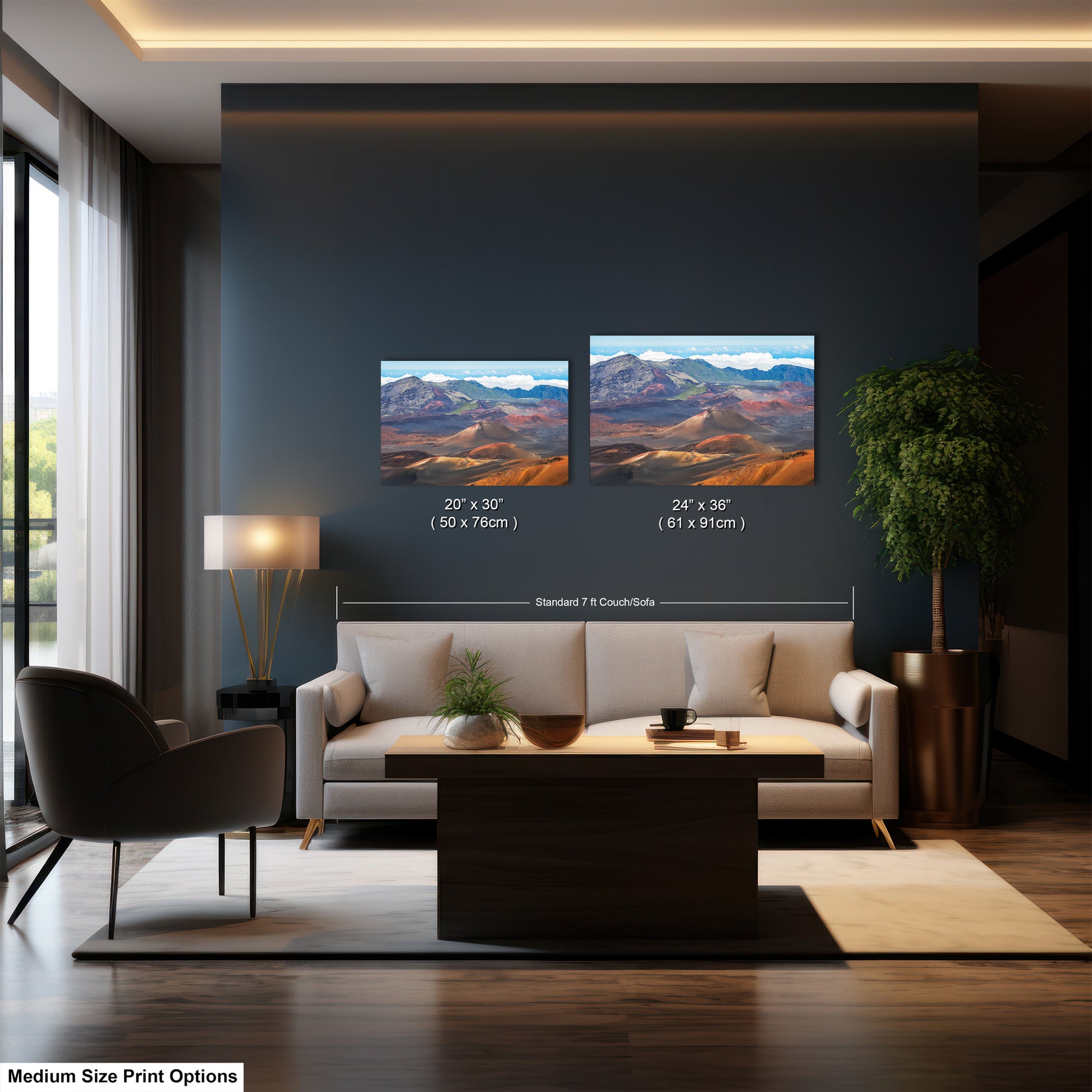 a modern living room with a large sofa, a coffee table, and a potted plant. There are two framed landscape paintings hanging on the wall above the sofa, depicting mountains and a desert scene. The paintings are of medium size, and the text indicates that they are available in a medium size print option.