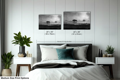 a bed with two pictures on the wall above it