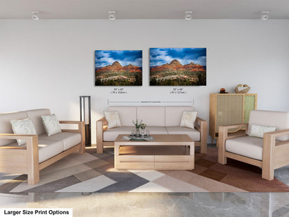 a living room with two pictures on the wall