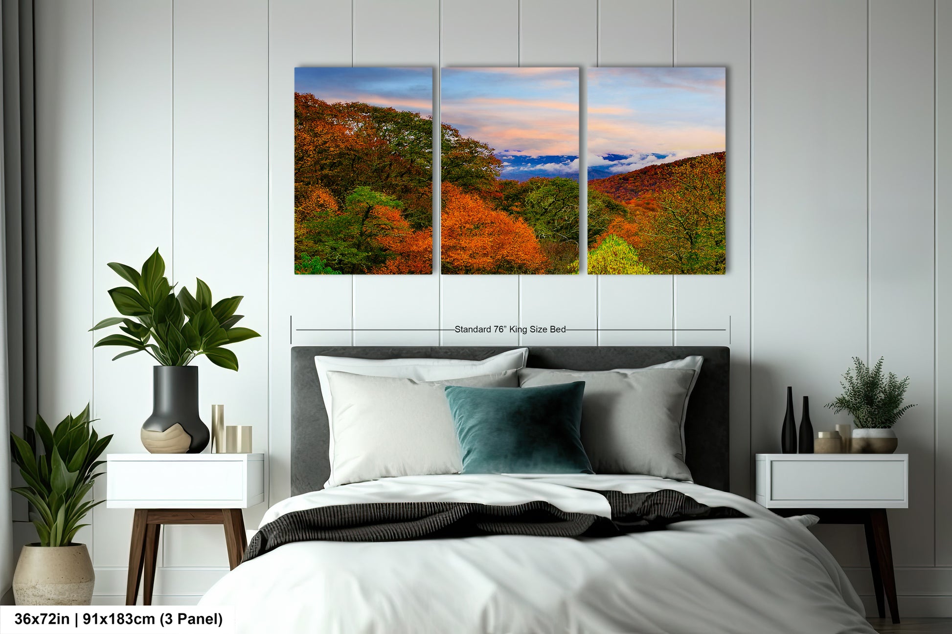 a bedroom scene with a bed and two paintings on the wall