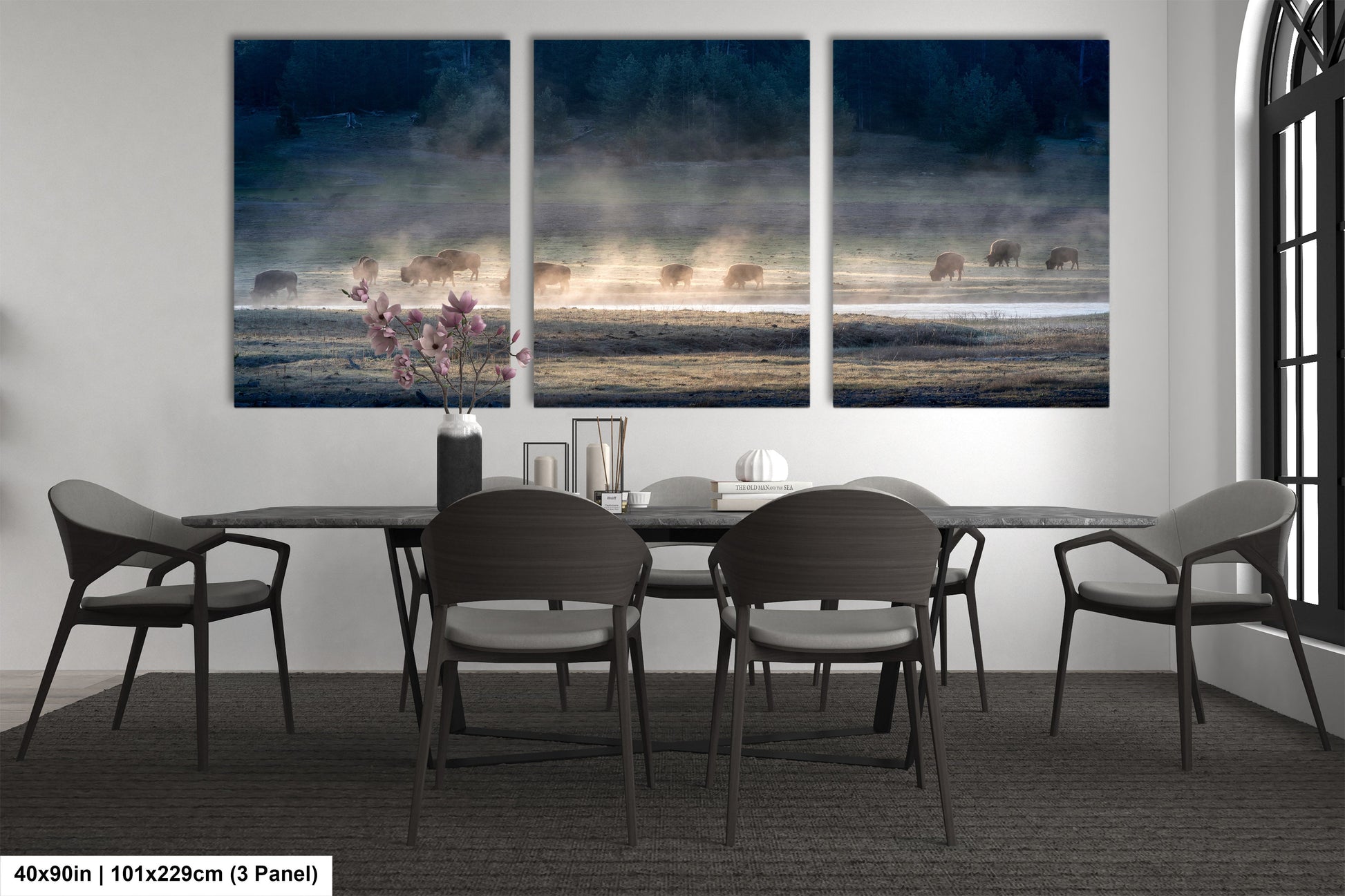 a dining room with a table and four chairs