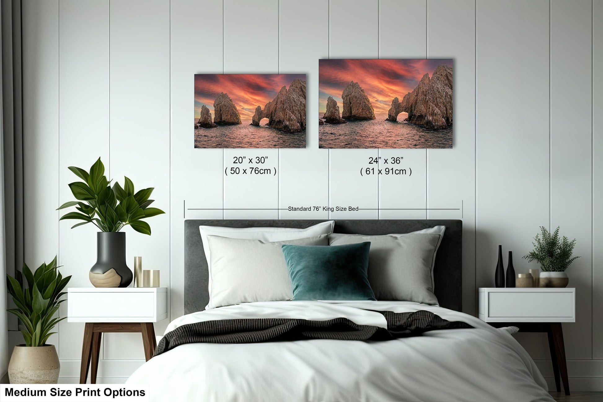 a bed room with a neatly made bed and two pictures on the wall