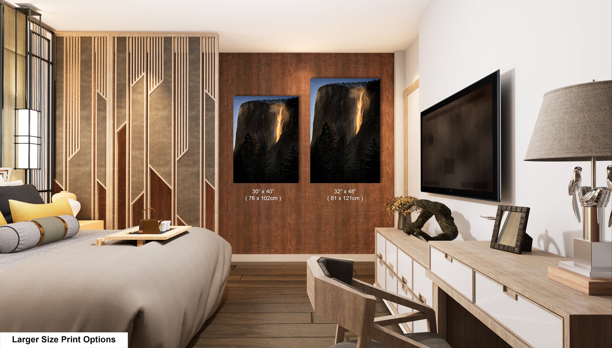 a bed room with a neatly made bed and a flat screen tv