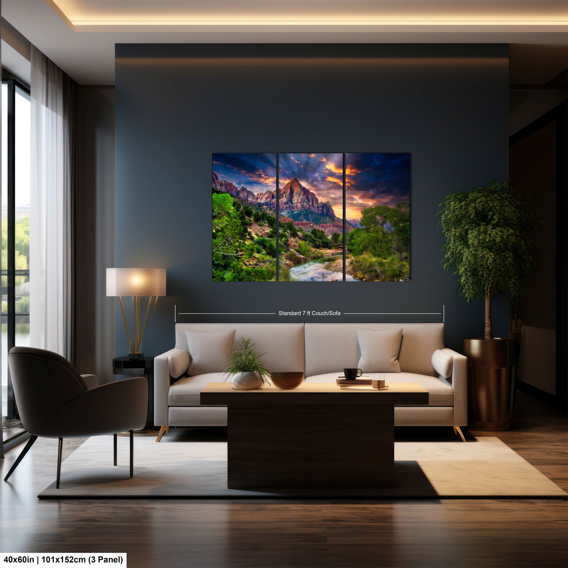 a living room with a couch and a painting on the wall