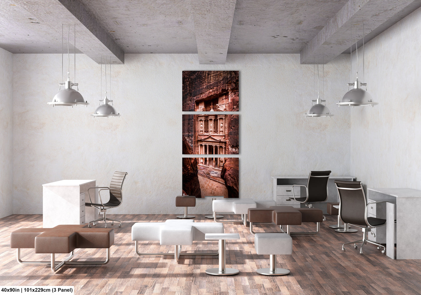 a room with a lot of chairs and a painting on the wall