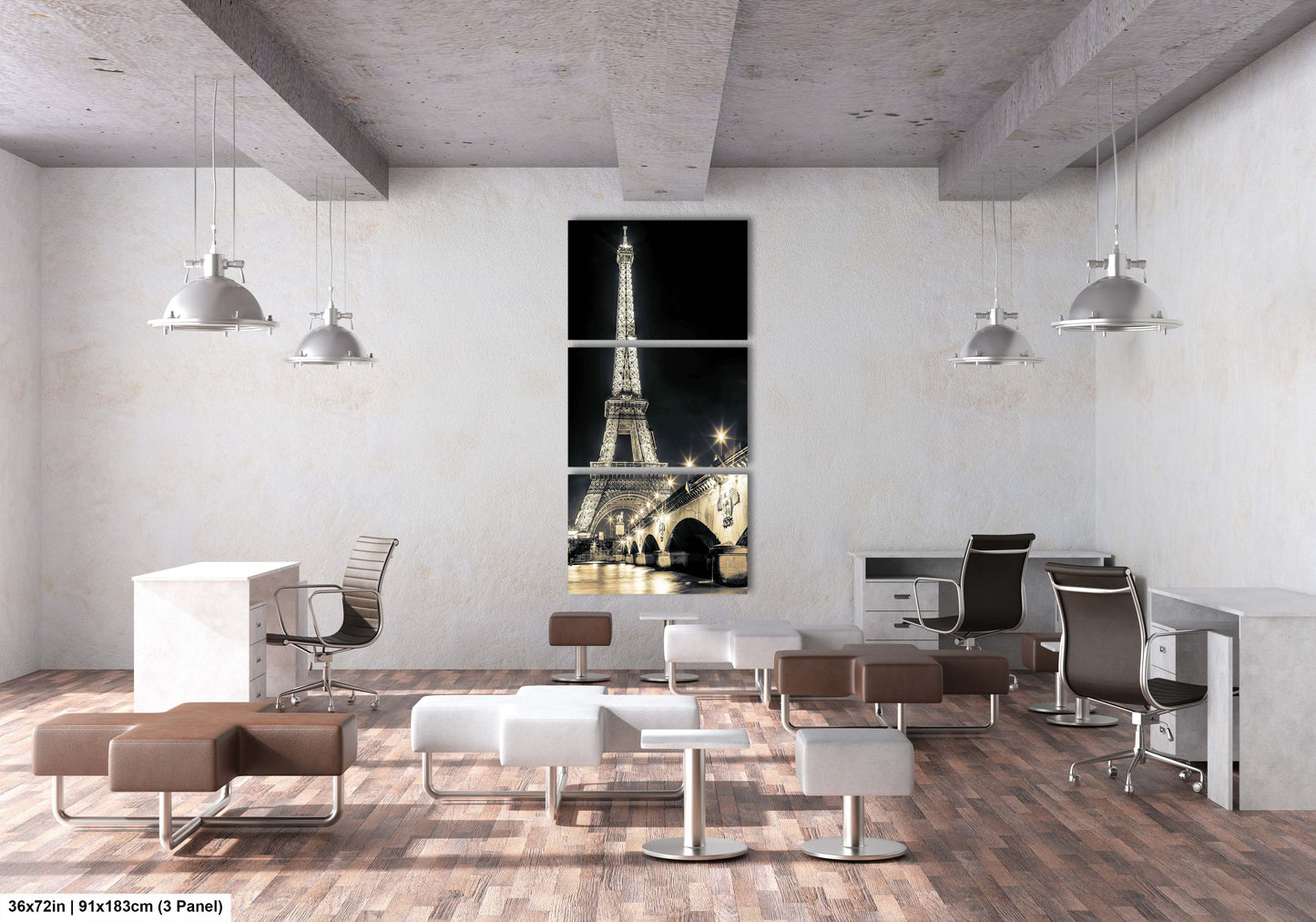 a room with chairs, a desk, and a picture of the eiffel