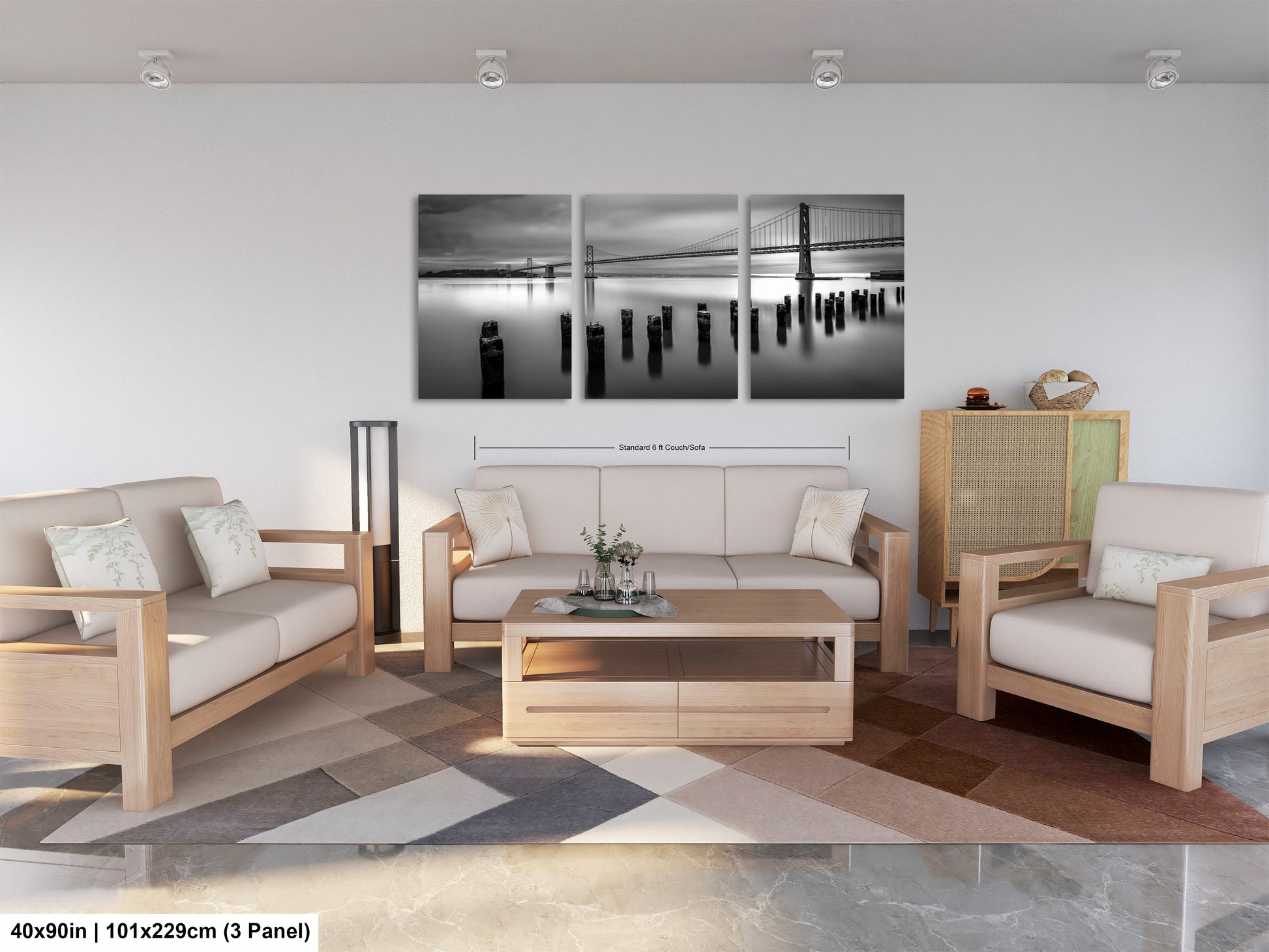 a living room filled with furniture and a painting on the wall