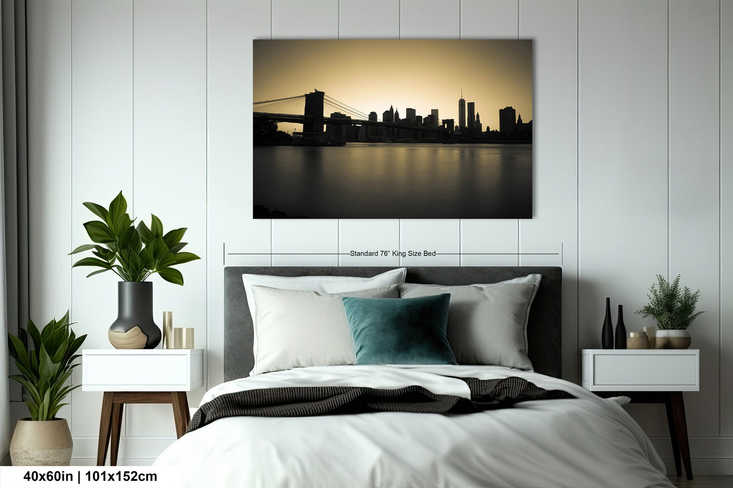 a picture of a bed with a city skyline in the background
