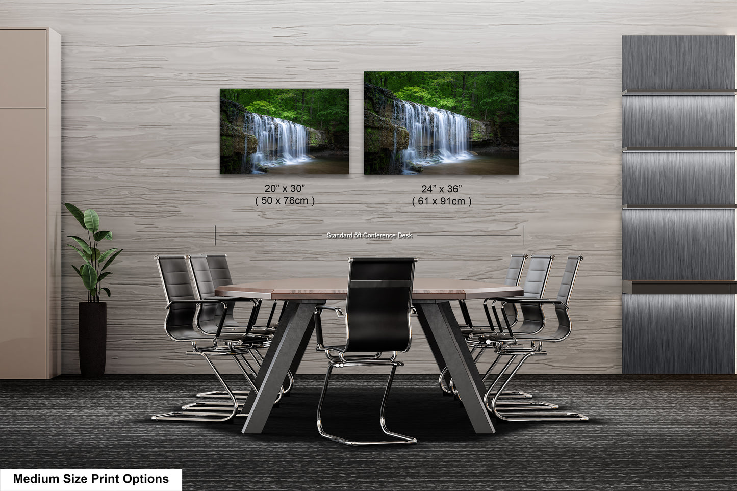 a dining room table with chairs next to a waterfall