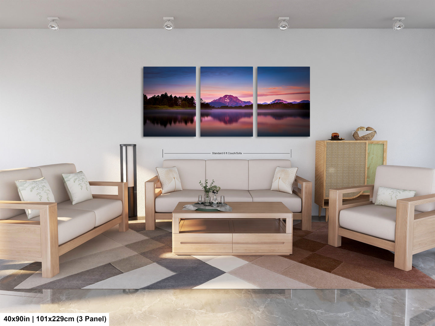 a living room filled with furniture and a painting on the wall