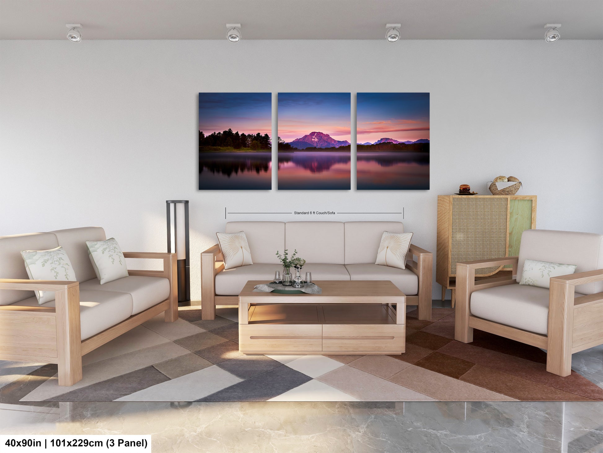 a living room filled with furniture and a painting on the wall