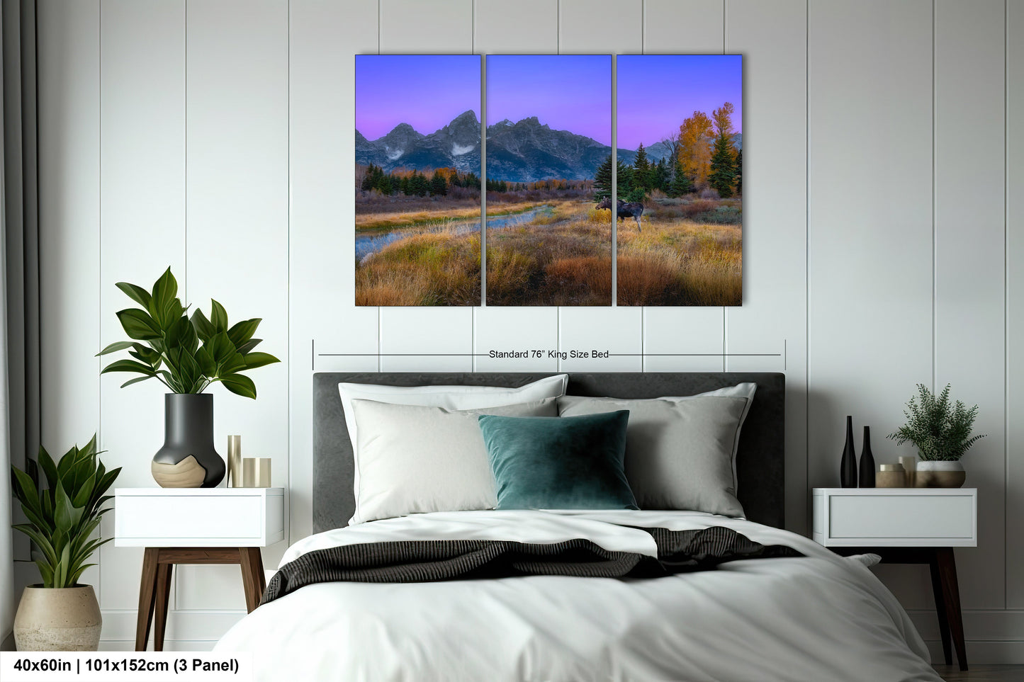 a bedroom scene with a bed and a painting on the wall
