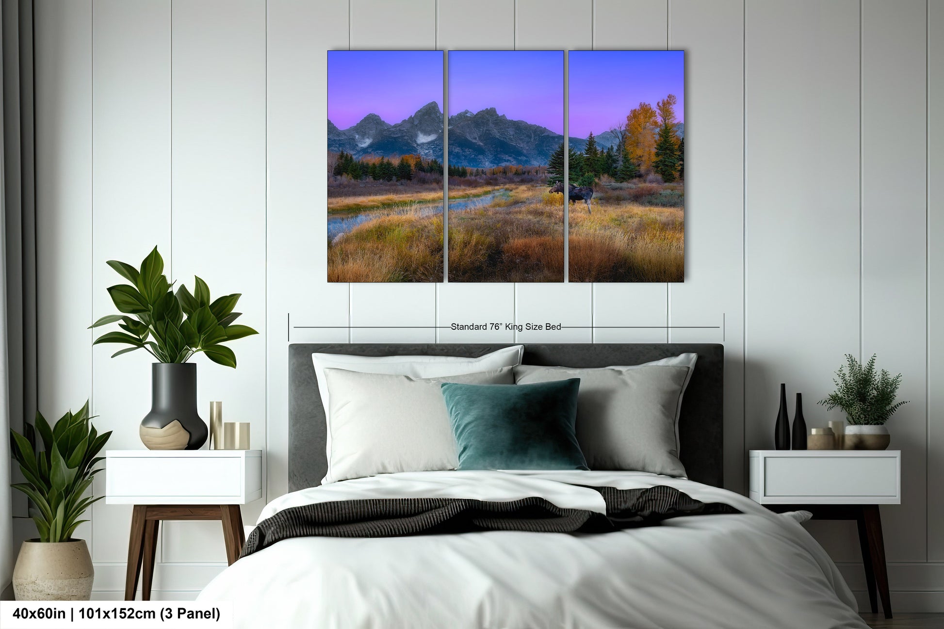 a bedroom scene with a bed and a painting on the wall