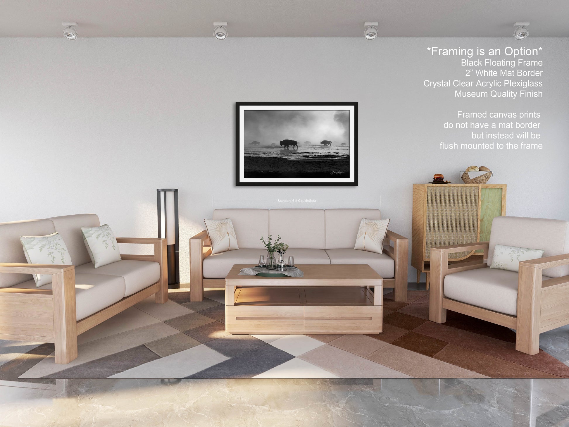 a living room filled with furniture and a painting on the wall