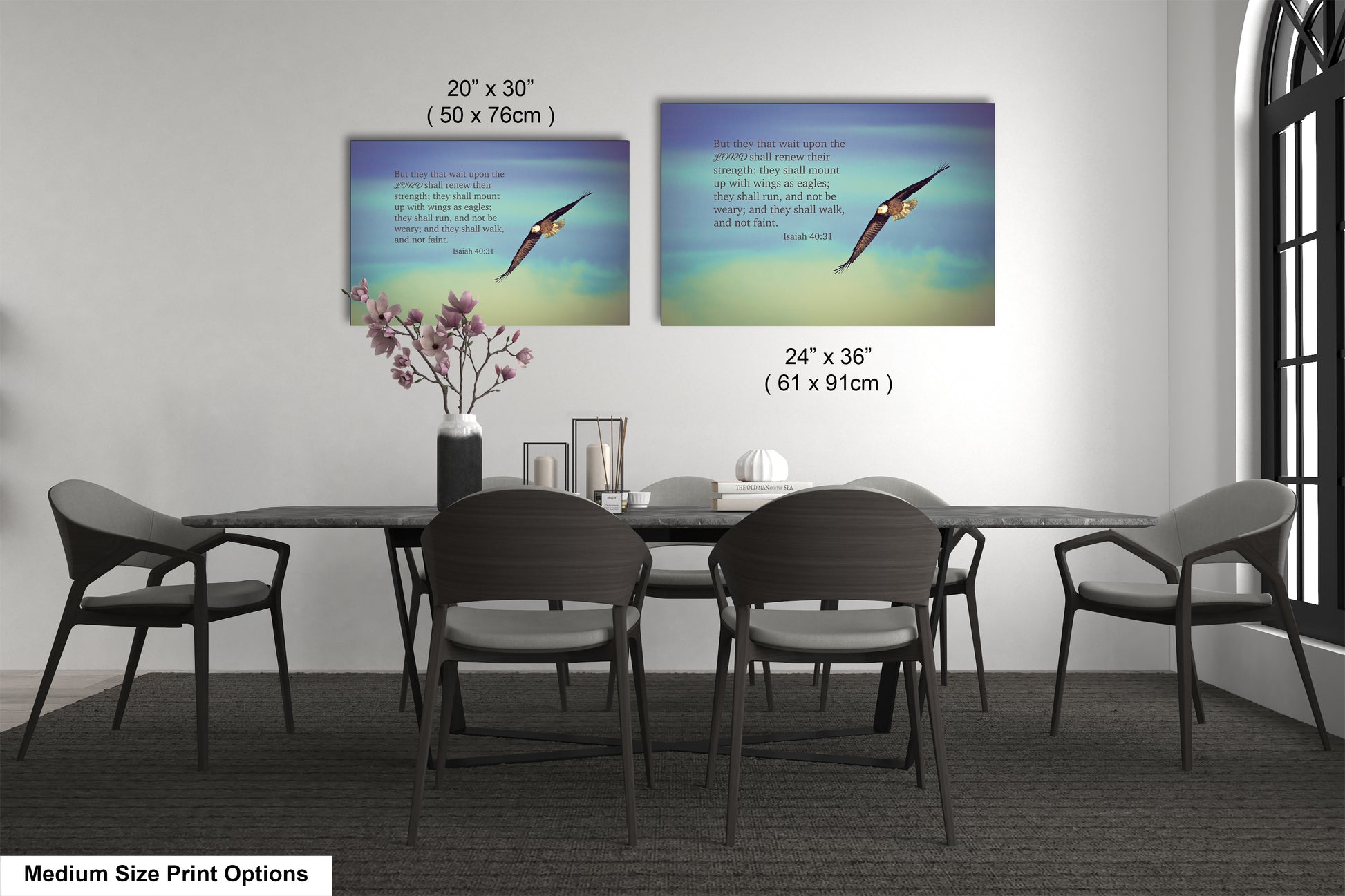 a dining room table with chairs and a vase with flowers