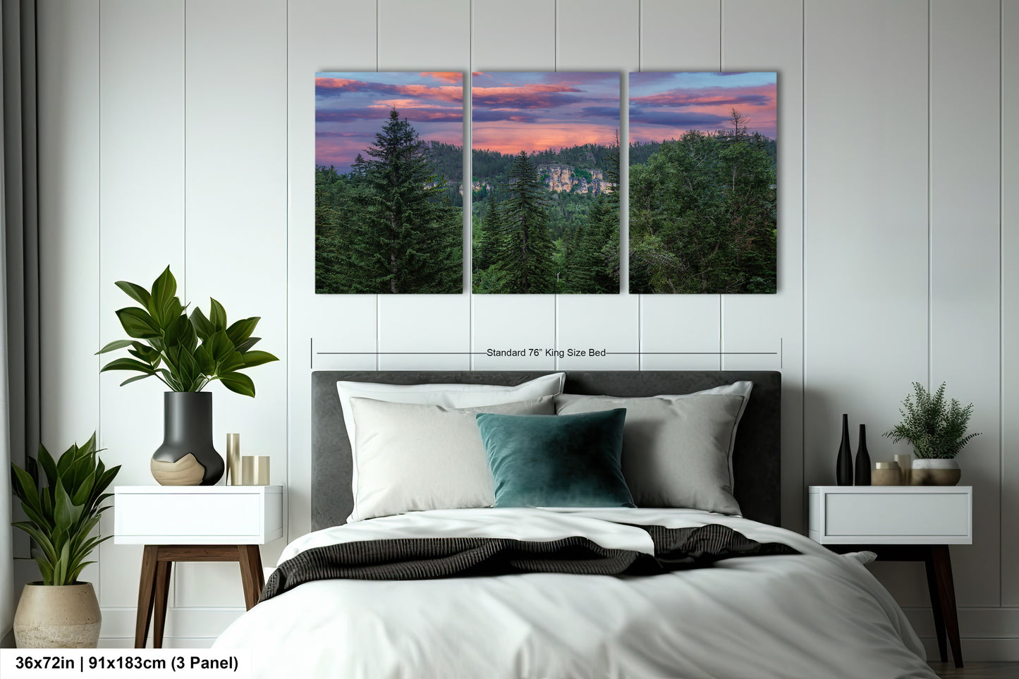 a bedroom scene with a bed and two paintings on the wall