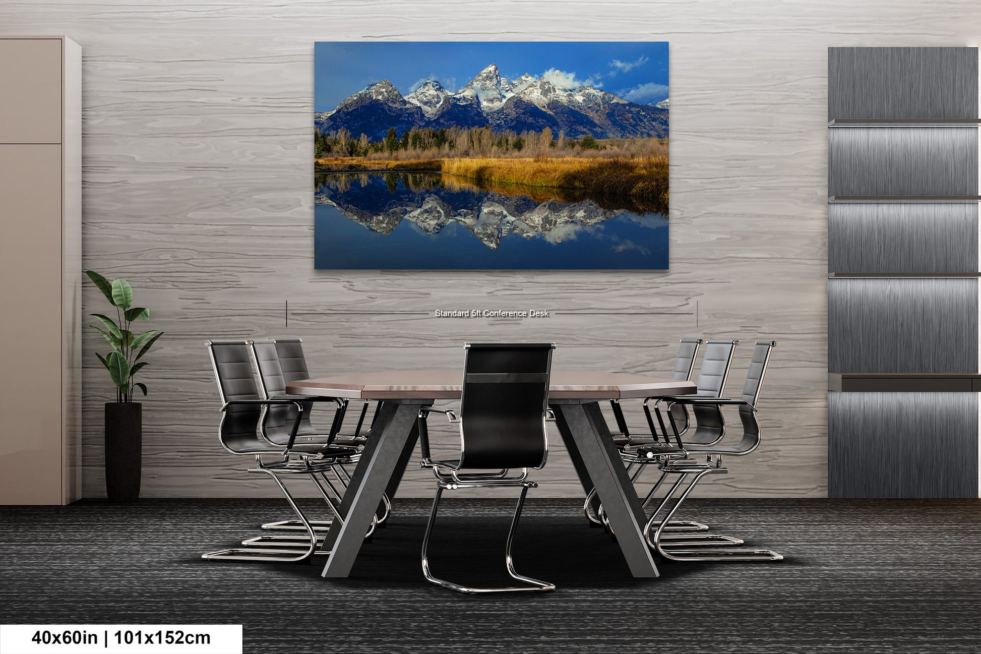 a dining room table with chairs and a painting on the wall