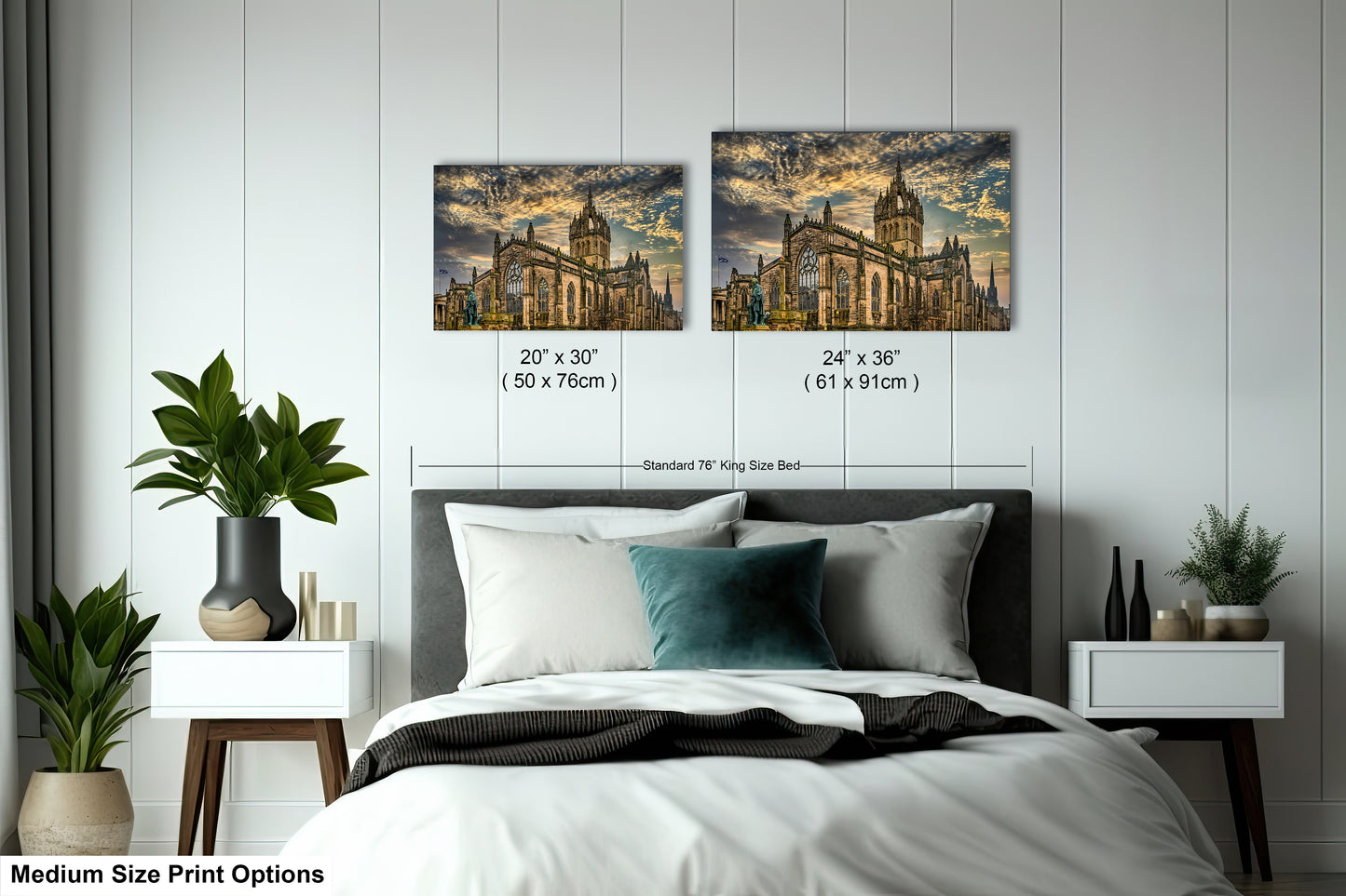 a bed room with a neatly made bed and two pictures on the wall