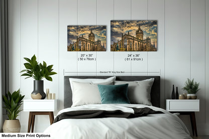 a bed room with a neatly made bed and two pictures on the wall