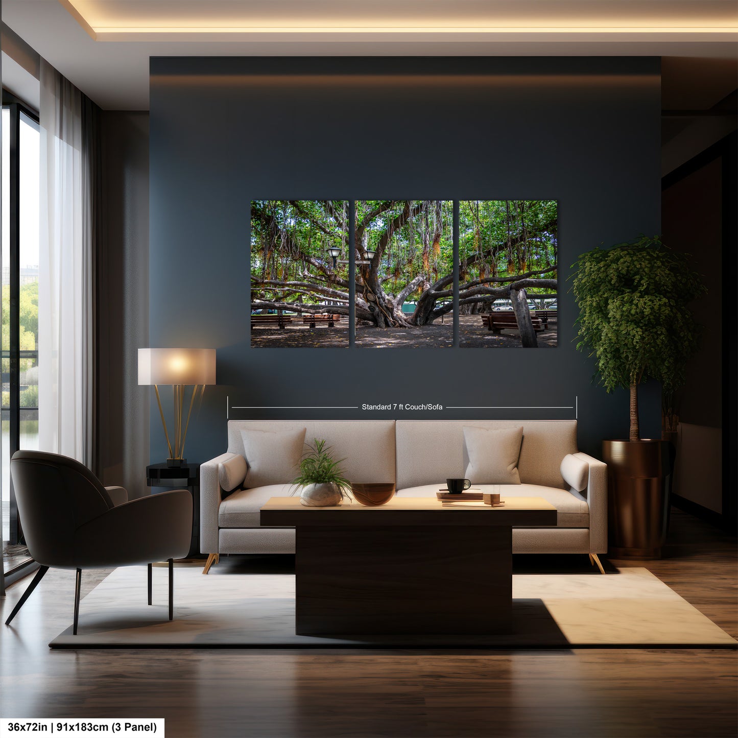 a living room with a couch and a table