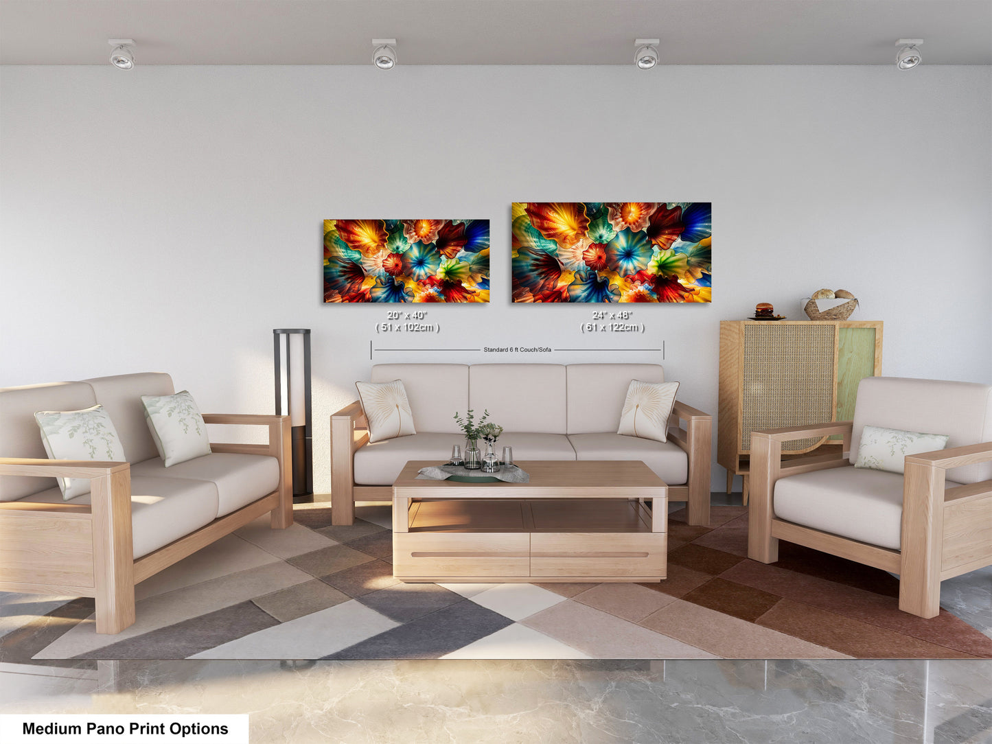 a modern living room with a white sofa, two chairs, and a coffee table. The room has a neutral color scheme with a colorful abstract painting on the wall. The furniture appears to be made of wood and has a minimalist design.