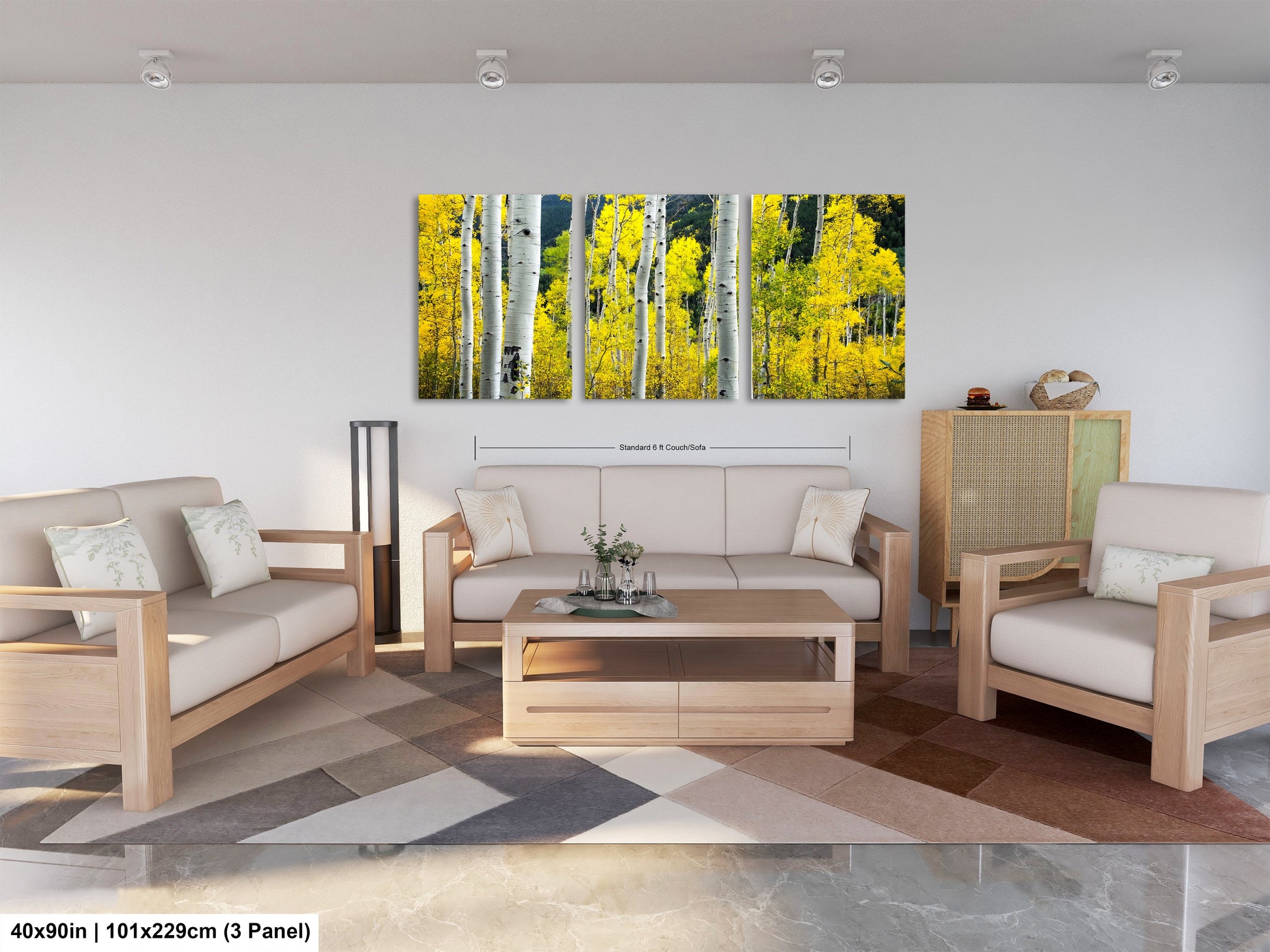 a living room filled with furniture and a painting on the wall