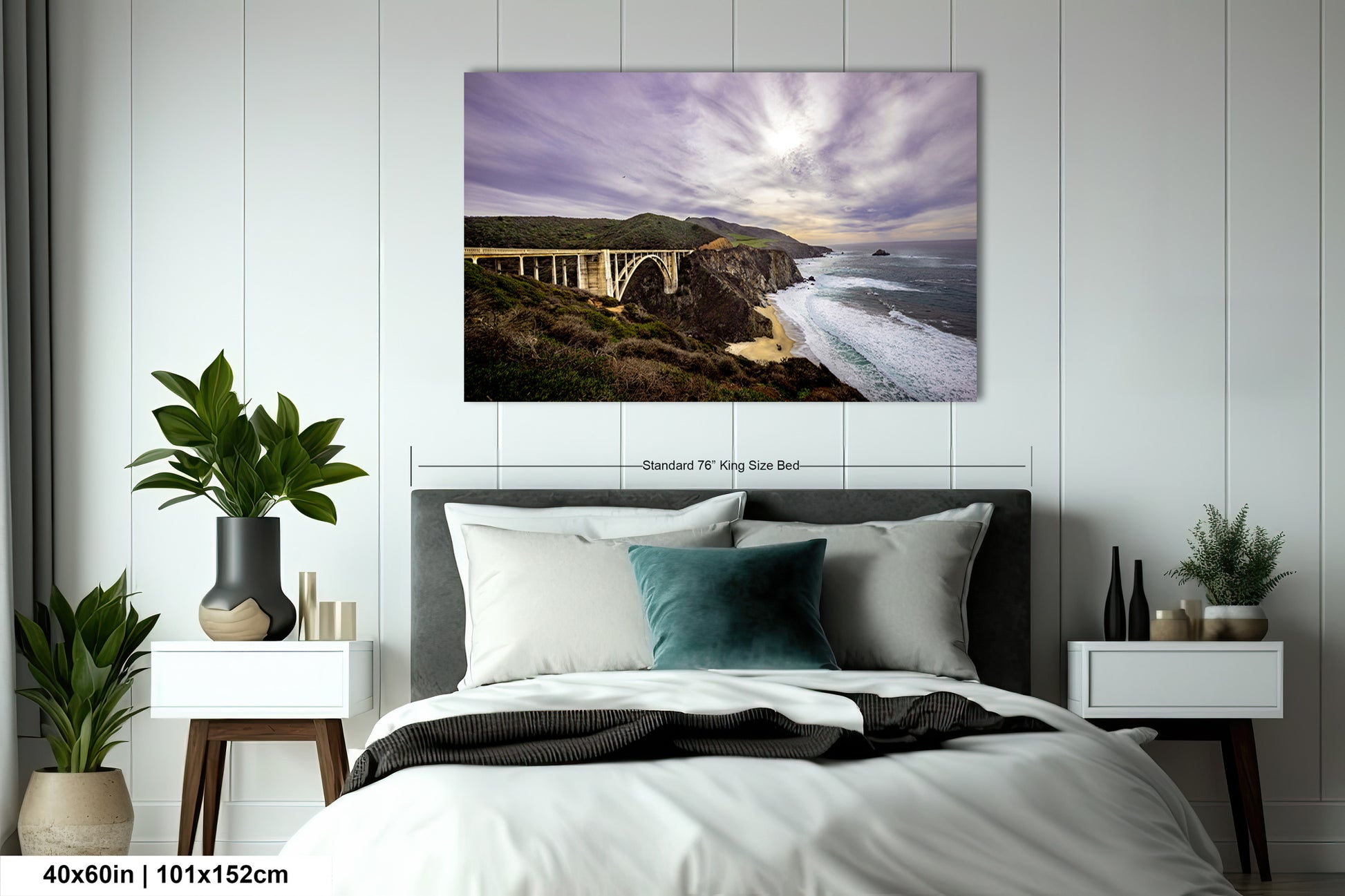 a bedroom with a bed and a painting on the wall