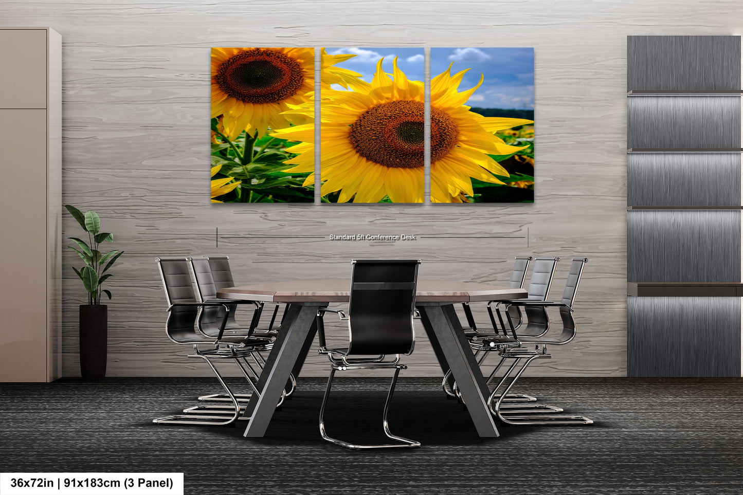 three sunflowers in a field with a blue sky in the background