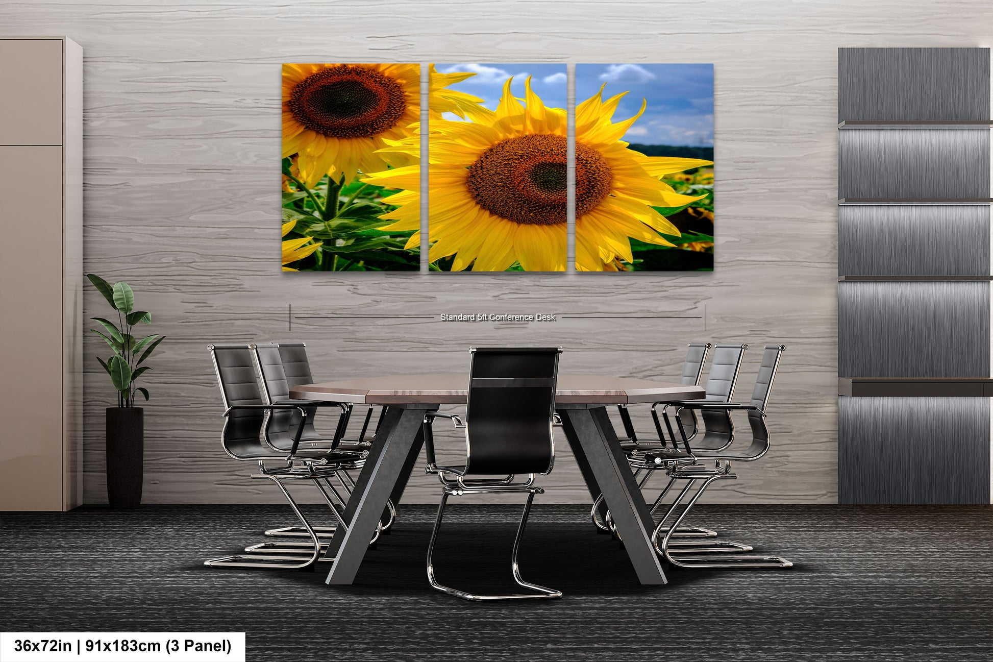 three sunflowers in a field with a blue sky in the background